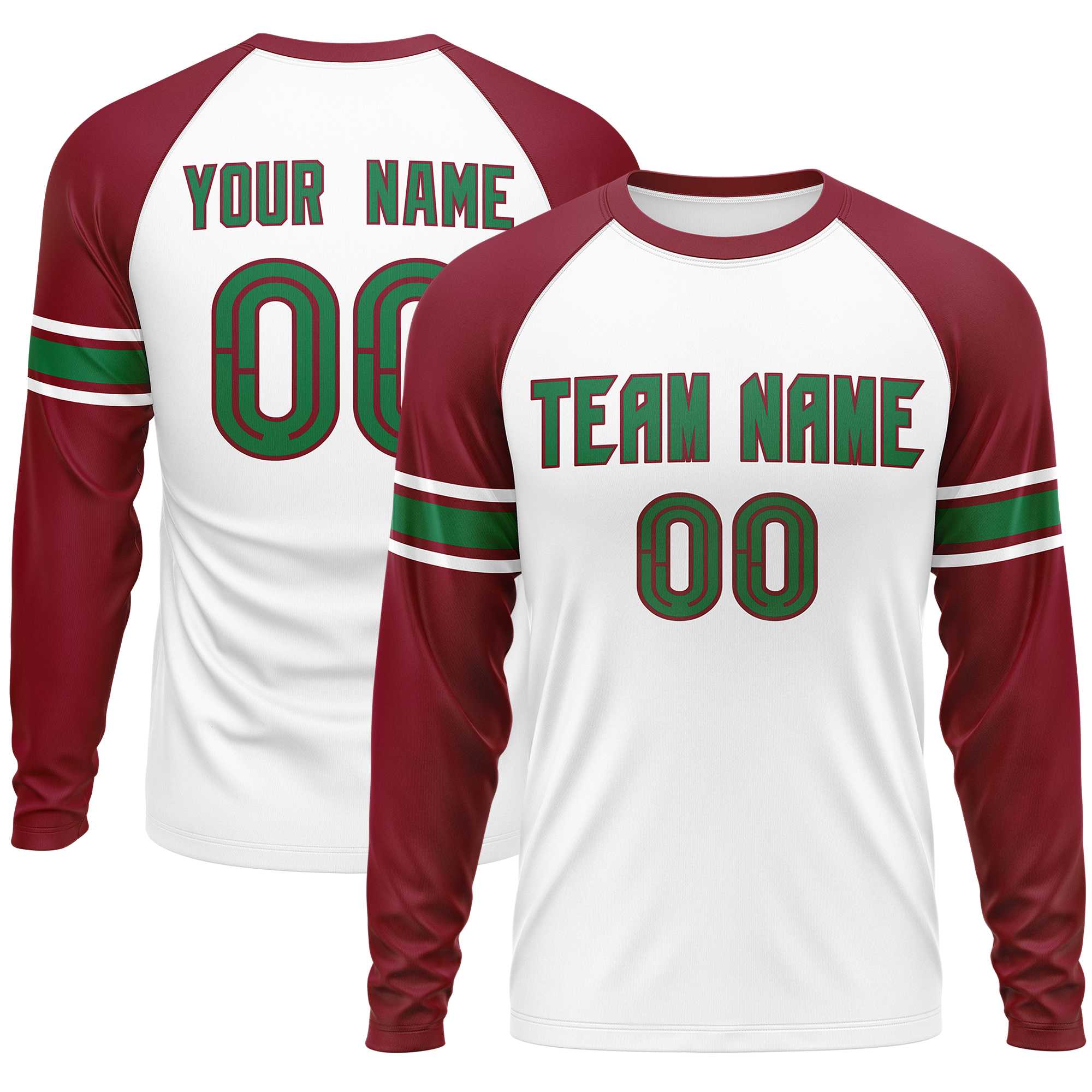 Custom White Crimson Kelly Green Crew Neck Personalized Raglan Long Sleeve Performance T-shirt