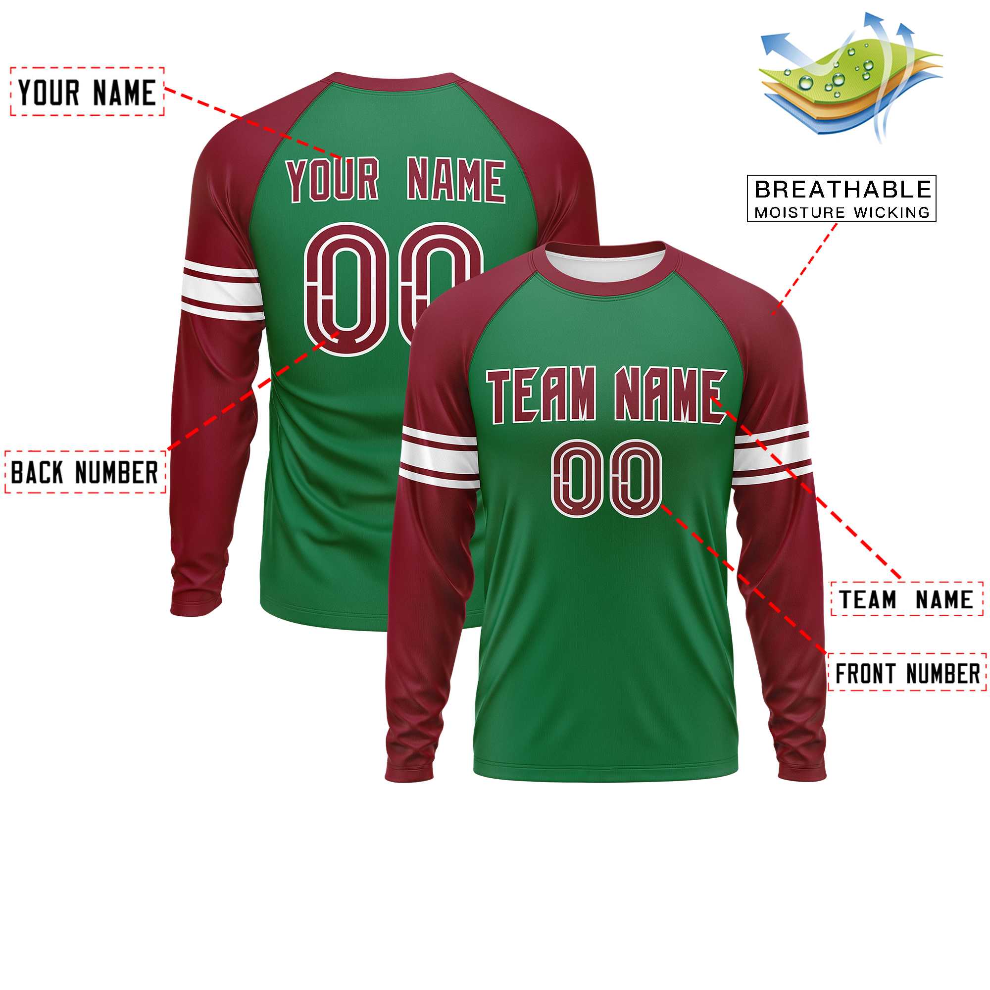 Custom Kelly Green Crimson White Crew Neck Personalized Raglan Long Sleeve Performance T-shirt