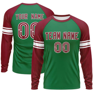 Custom Kelly Green Crimson White Crew Neck Personalized Raglan Long Sleeve Performance T-shirt