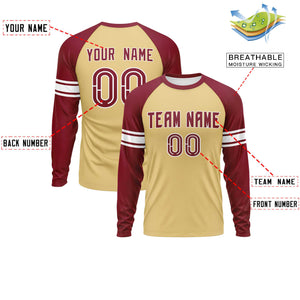 Custom Khaki Crimson White Crew Neck Personalized Raglan Long Sleeve Performance T-shirt