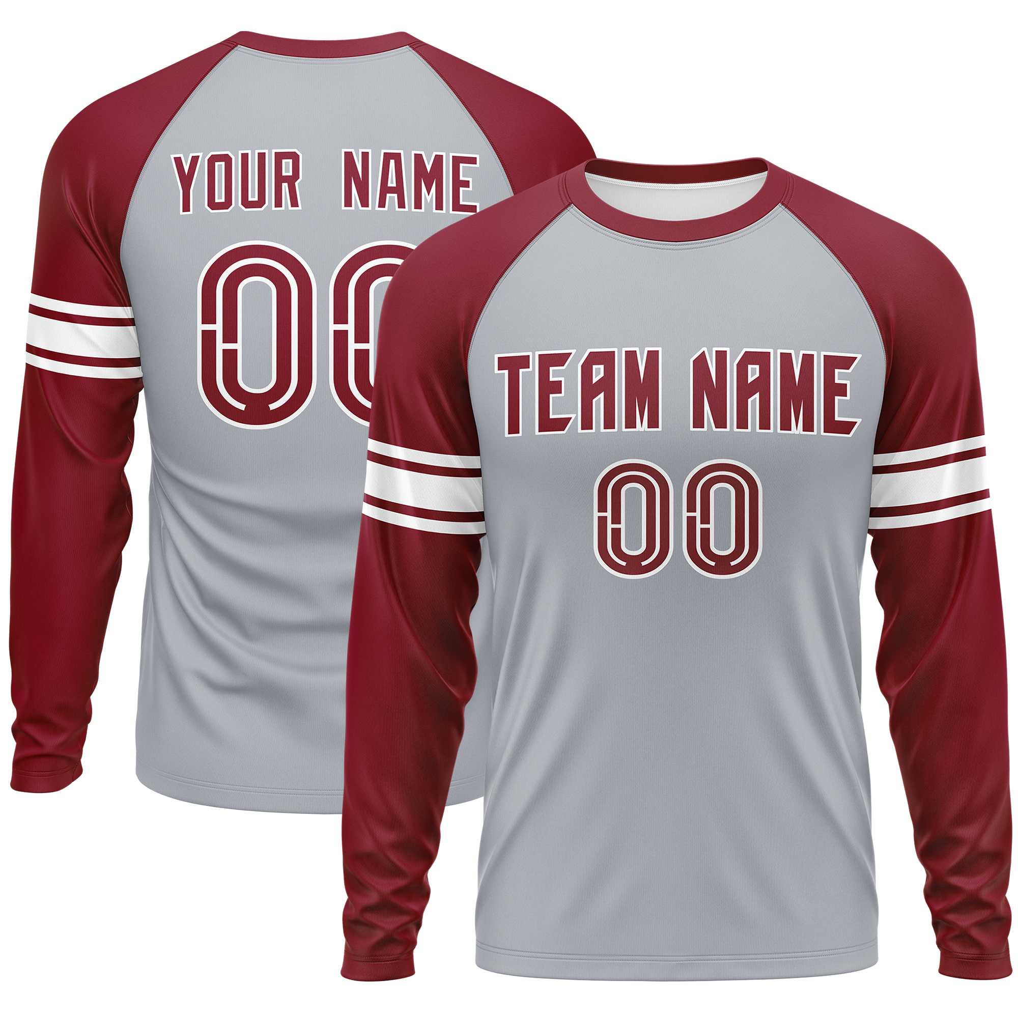 Custom Gray Crimson White Crew Neck Personalized Raglan Long Sleeve Performance T-shirt