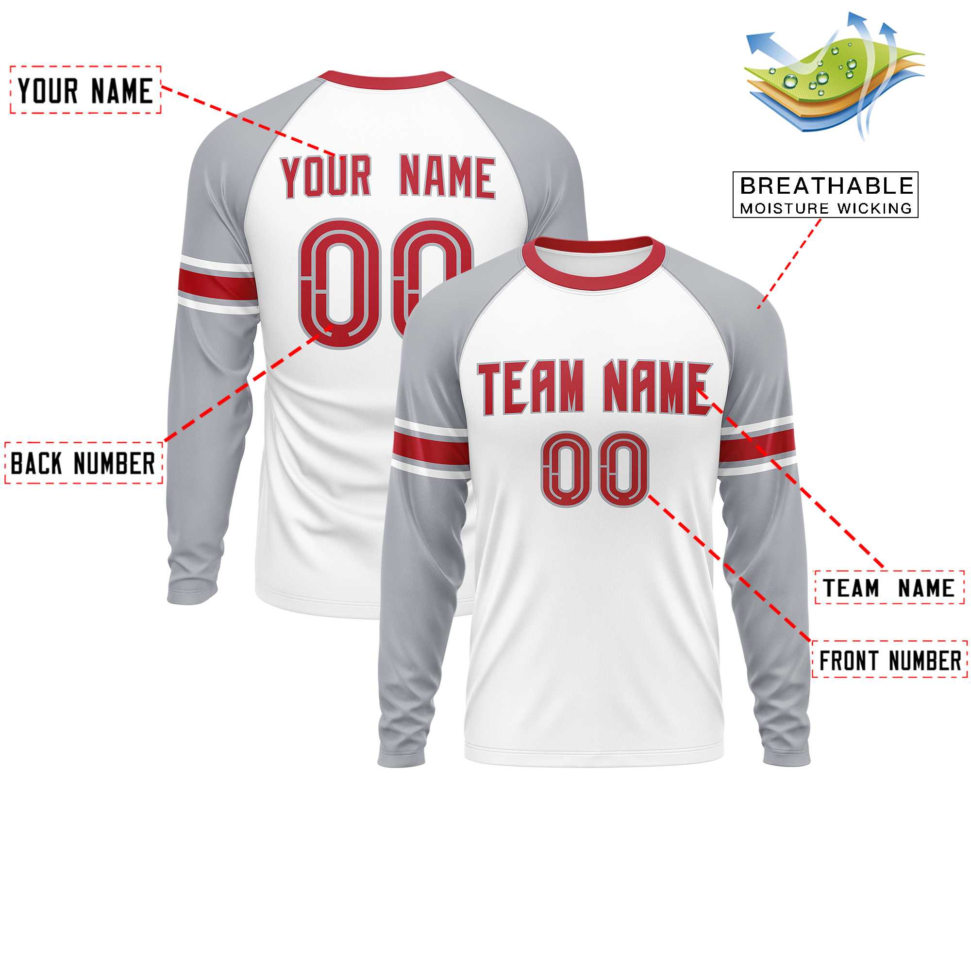 Custom White Gray Red Crew Neck Personalized Raglan Long Sleeve Performance T-shirt