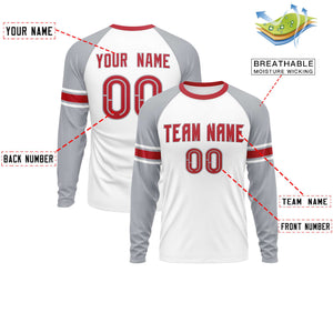 Custom White Gray Red Crew Neck Personalized Raglan Long Sleeve Performance T-shirt