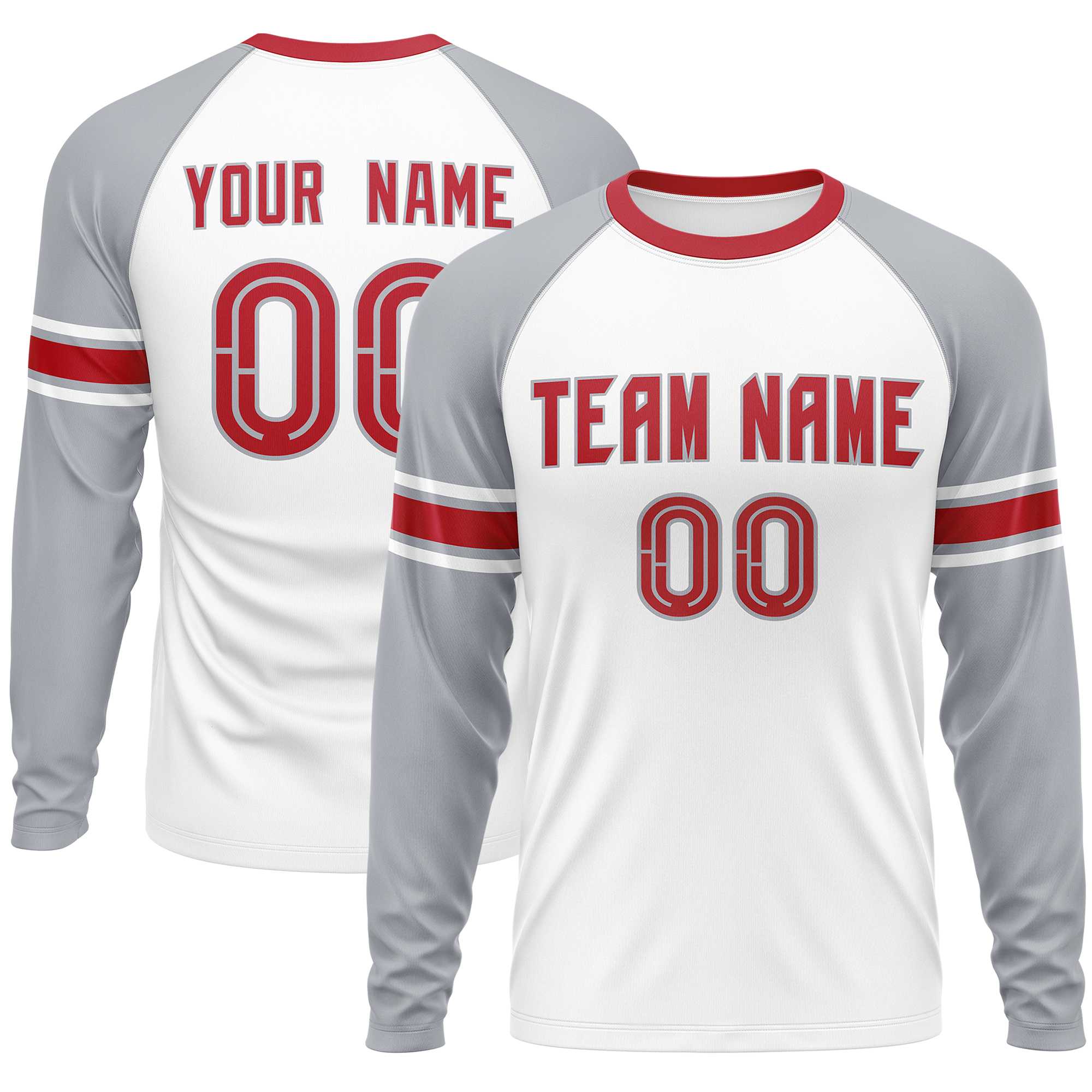 Custom White Gray Red Crew Neck Personalized Raglan Long Sleeve Performance T-shirt