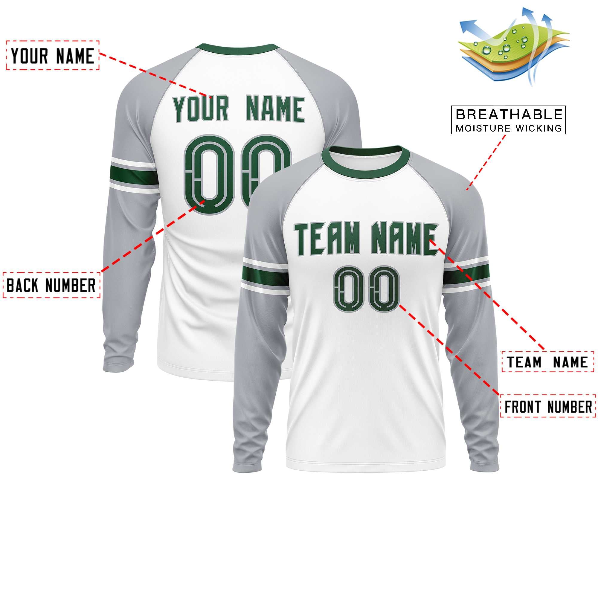 Custom White Gray Green Crew Neck Personalized Raglan Long Sleeve Performance T-shirt