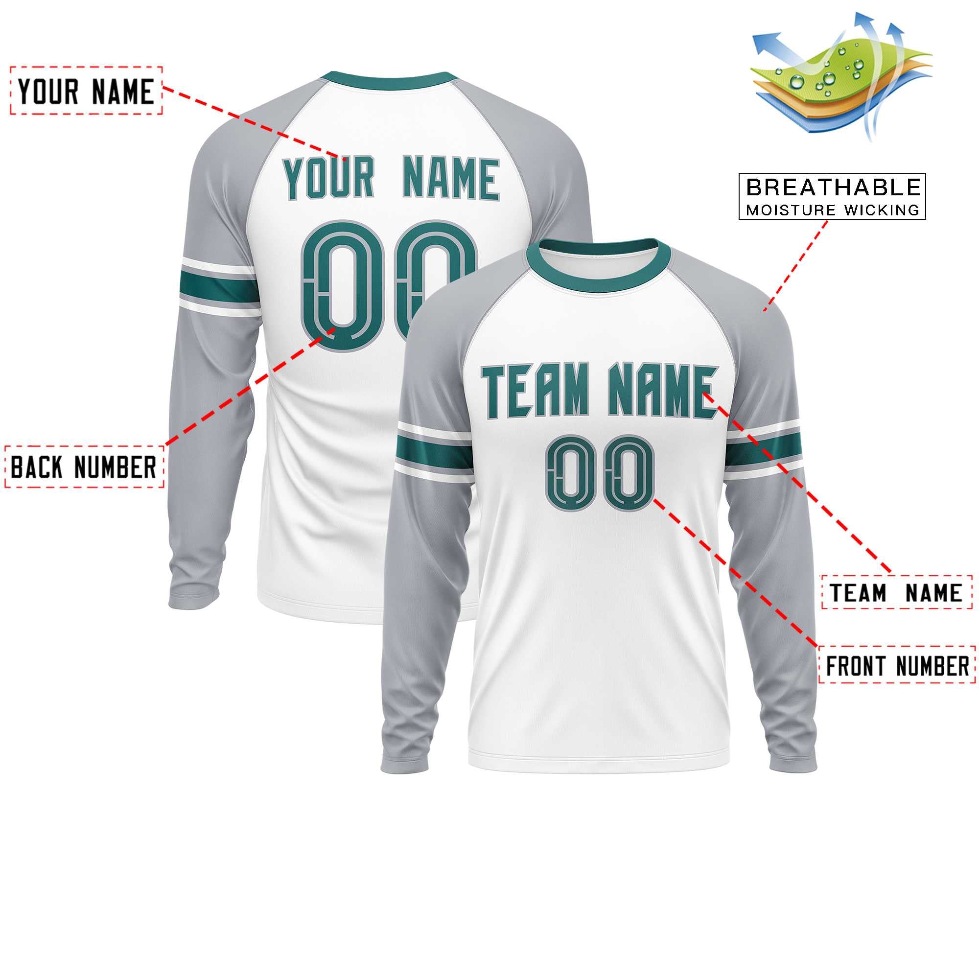 Custom White Gray Aqua Crew Neck Personalized Raglan Long Sleeve Performance T-shirt