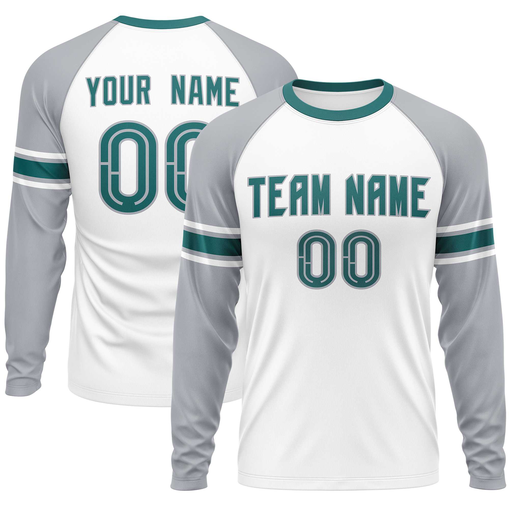 Custom White Gray Aqua Crew Neck Personalized Raglan Long Sleeve Performance T-shirt