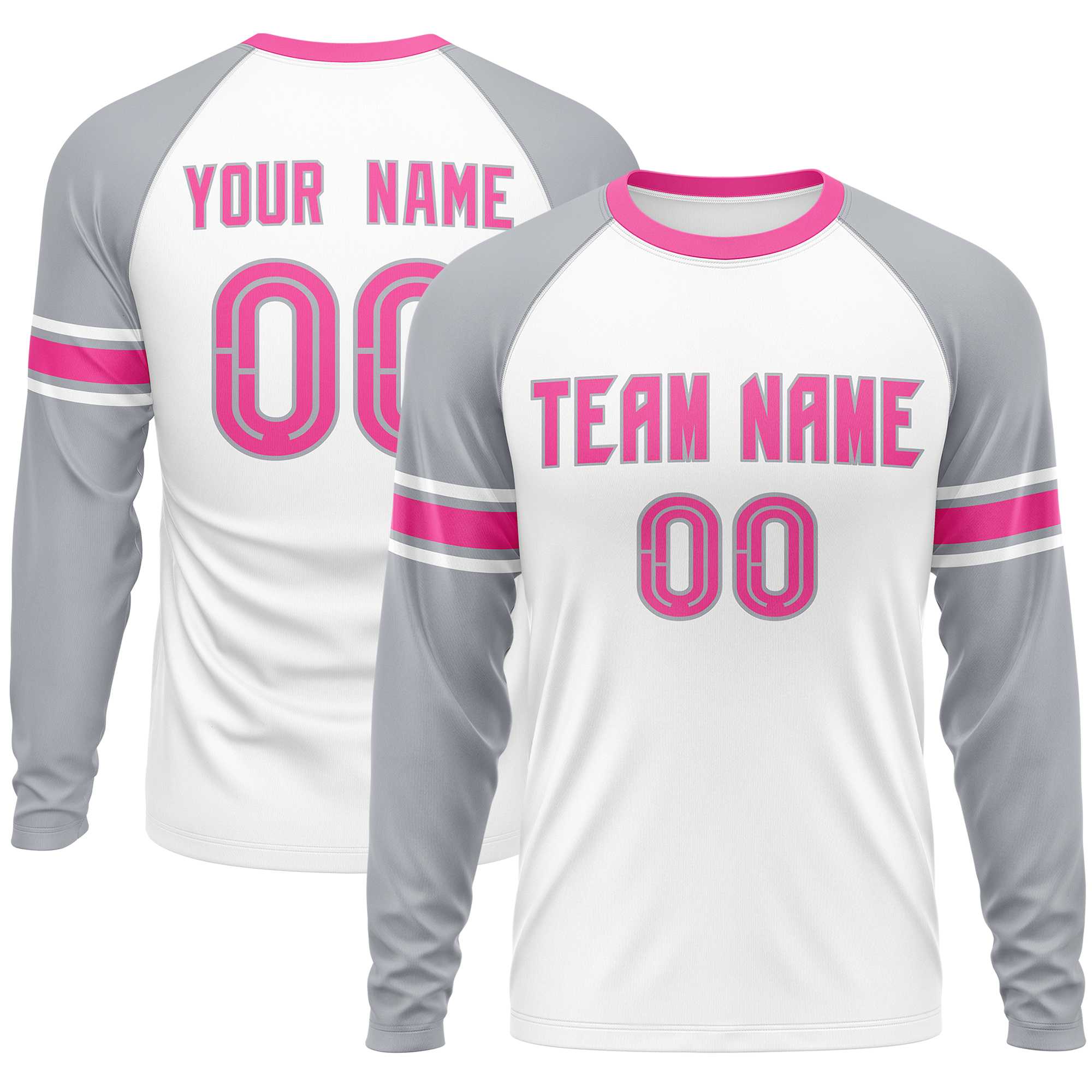 Custom White Gray Pink Crew Neck Personalized Raglan Long Sleeve Performance T-shirt