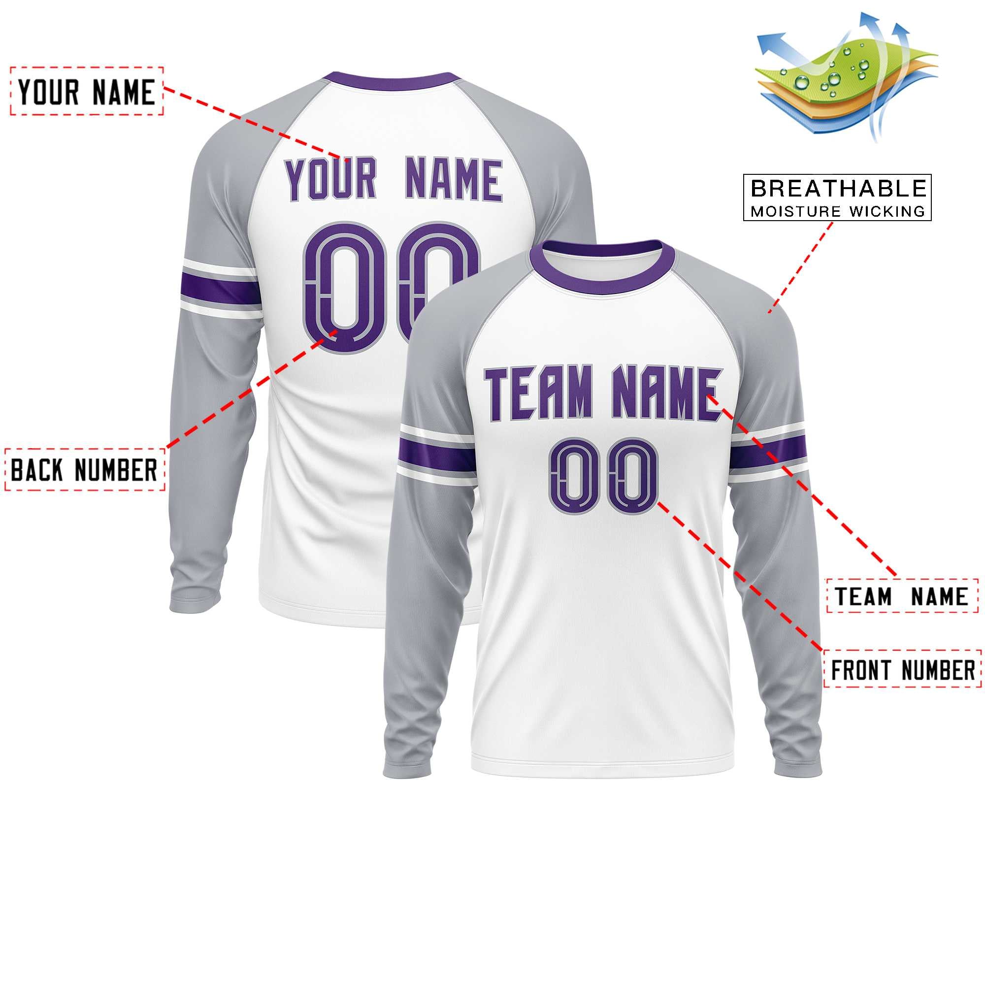 Custom White Gray Purple Crew Neck Personalized Raglan Long Sleeve Performance T-shirt