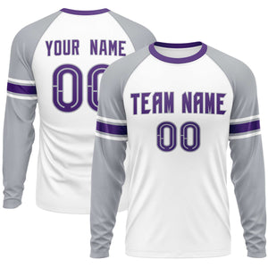 Custom White Gray Purple Crew Neck Personalized Raglan Long Sleeve Performance T-shirt