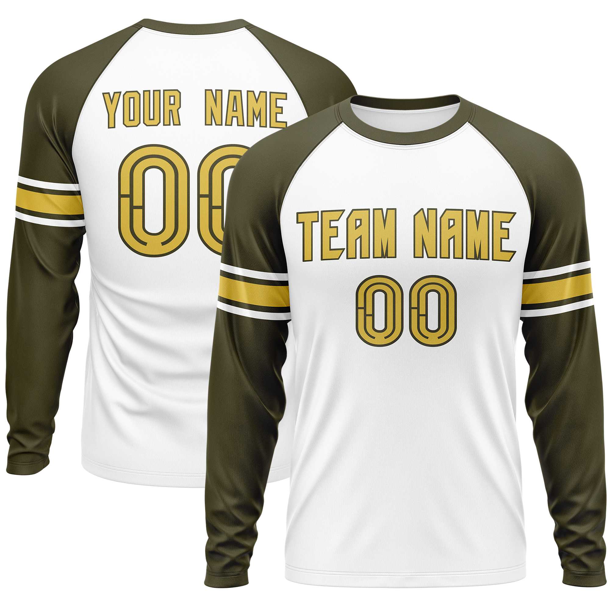 Custom White Olive Old Gold Crew Neck Personalized Raglan Long Sleeve Performance T-shirt