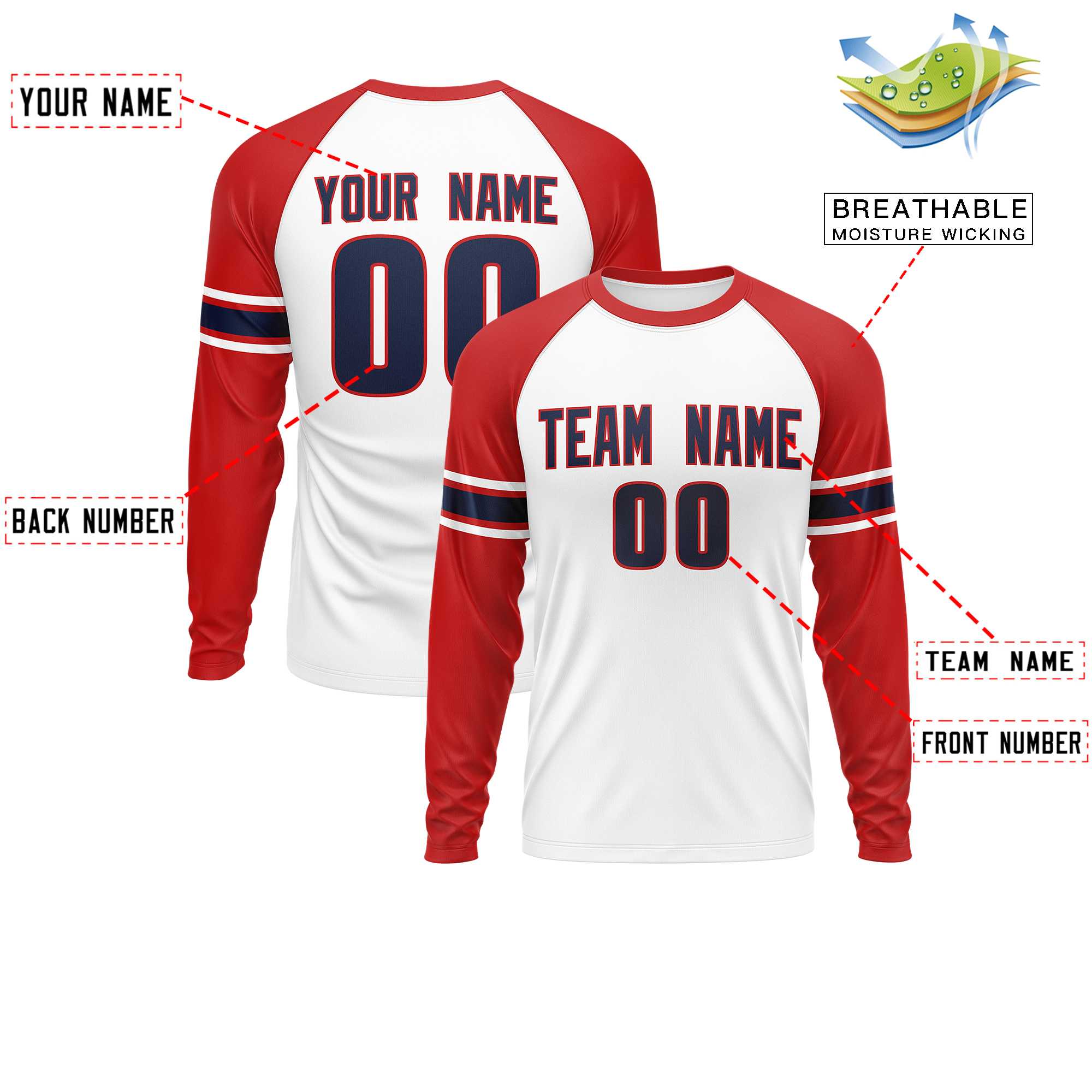 Custom White Red Navy Crew Neck Personalized Raglan Long Sleeve Performance T-shirt