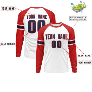 Custom White Red Navy Crew Neck Personalized Raglan Long Sleeve Performance T-shirt