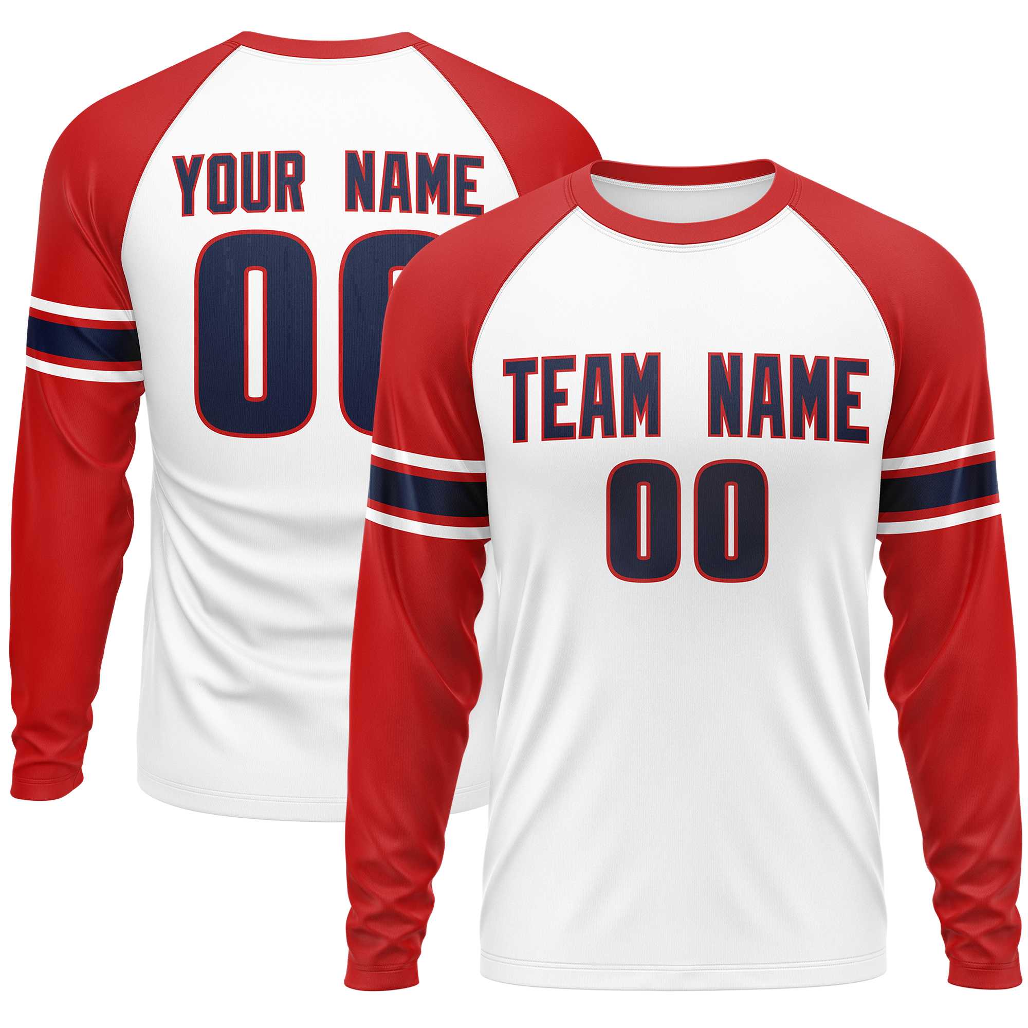 Custom White Red Navy Crew Neck Personalized Raglan Long Sleeve Performance T-shirt