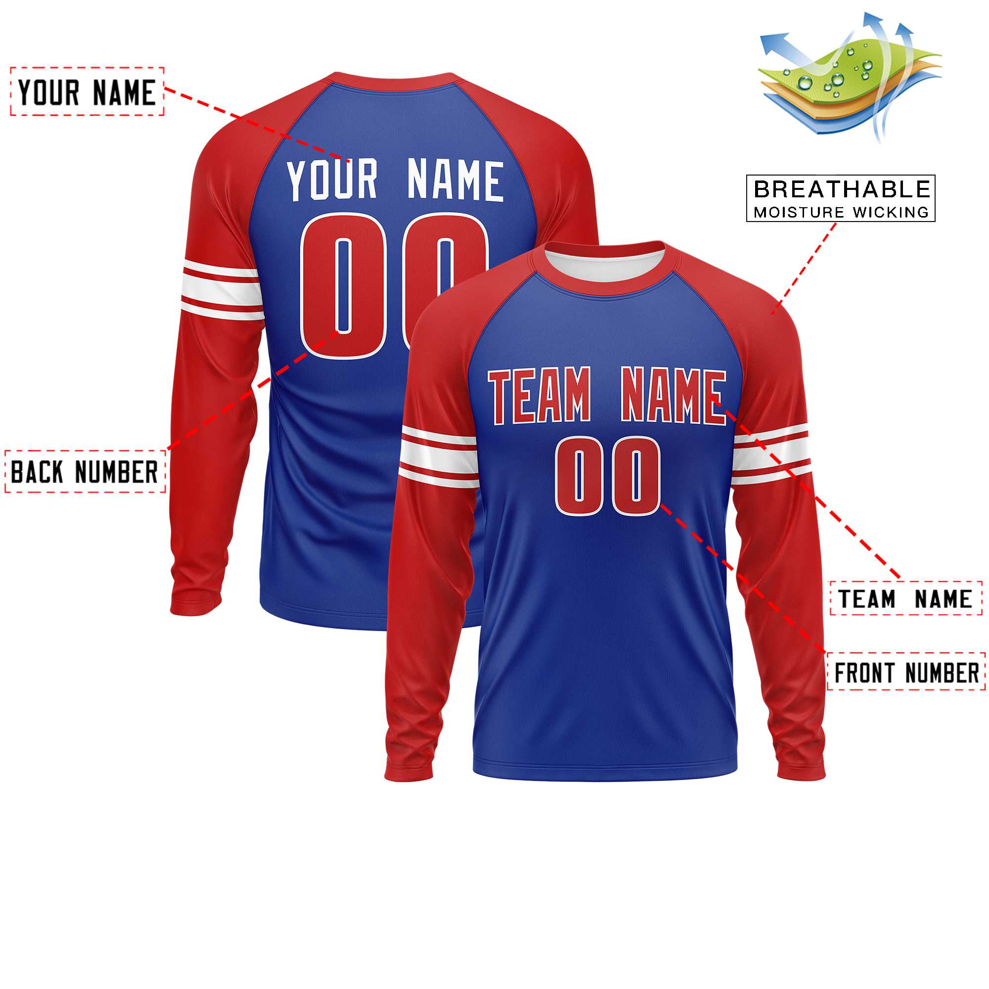 Custom Royal Red White Crew Neck Personalized Raglan Long Sleeve Performance T-shirt