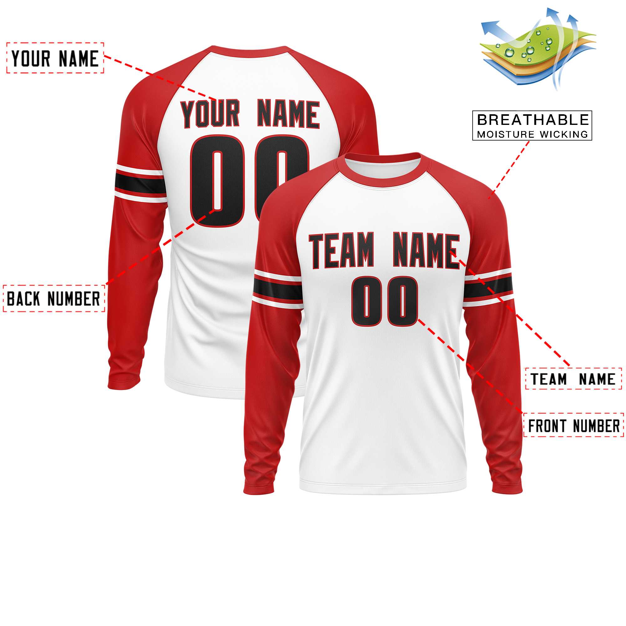 Custom White Red Black Crew Neck Personalized Raglan Long Sleeve Performance T-shirt