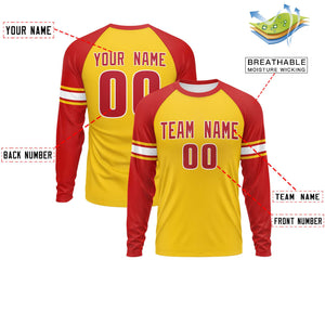 Custom Gold Red White Crew Neck Personalized Raglan Long Sleeve Performance T-shirt