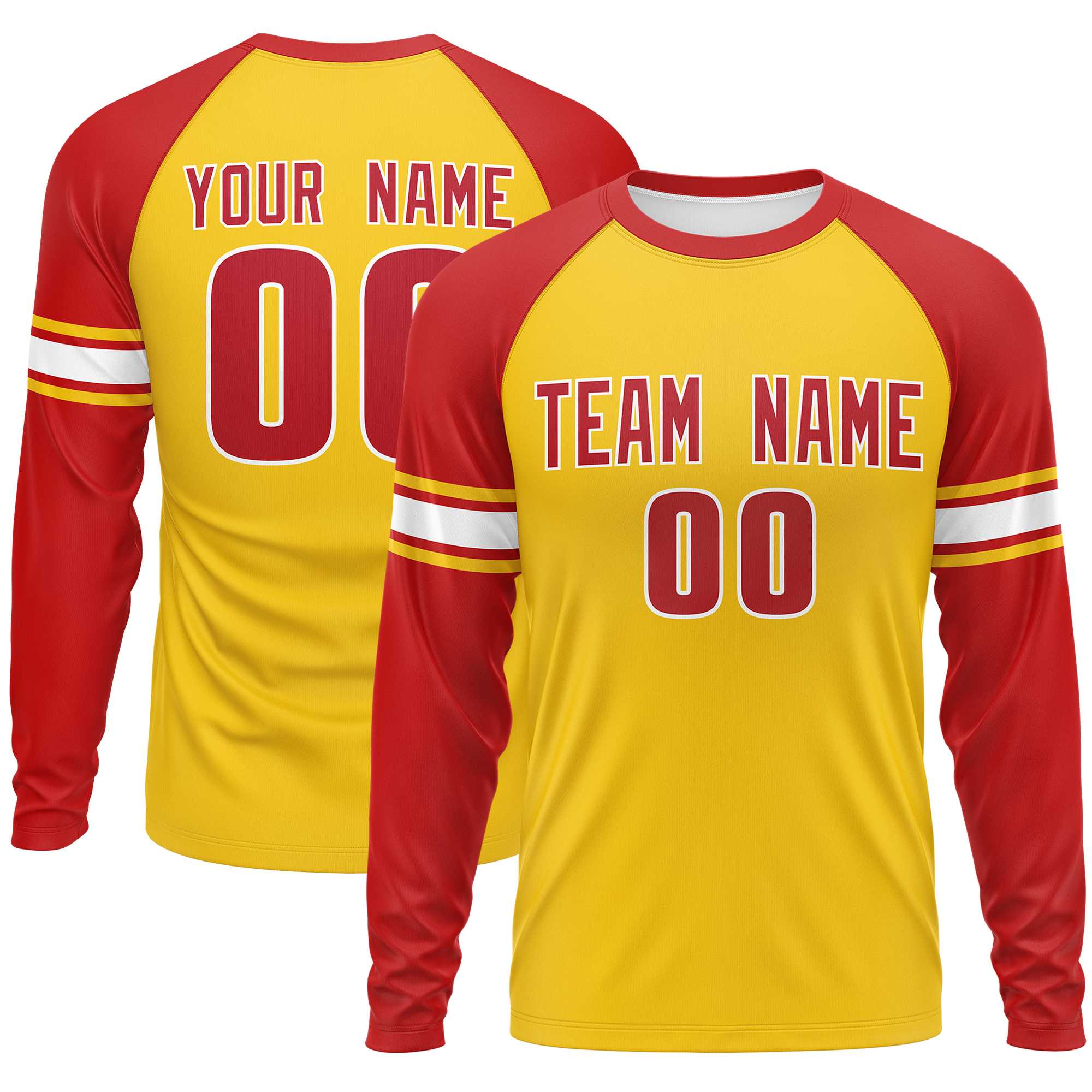 Custom Gold Red White Crew Neck Personalized Raglan Long Sleeve Performance T-shirt