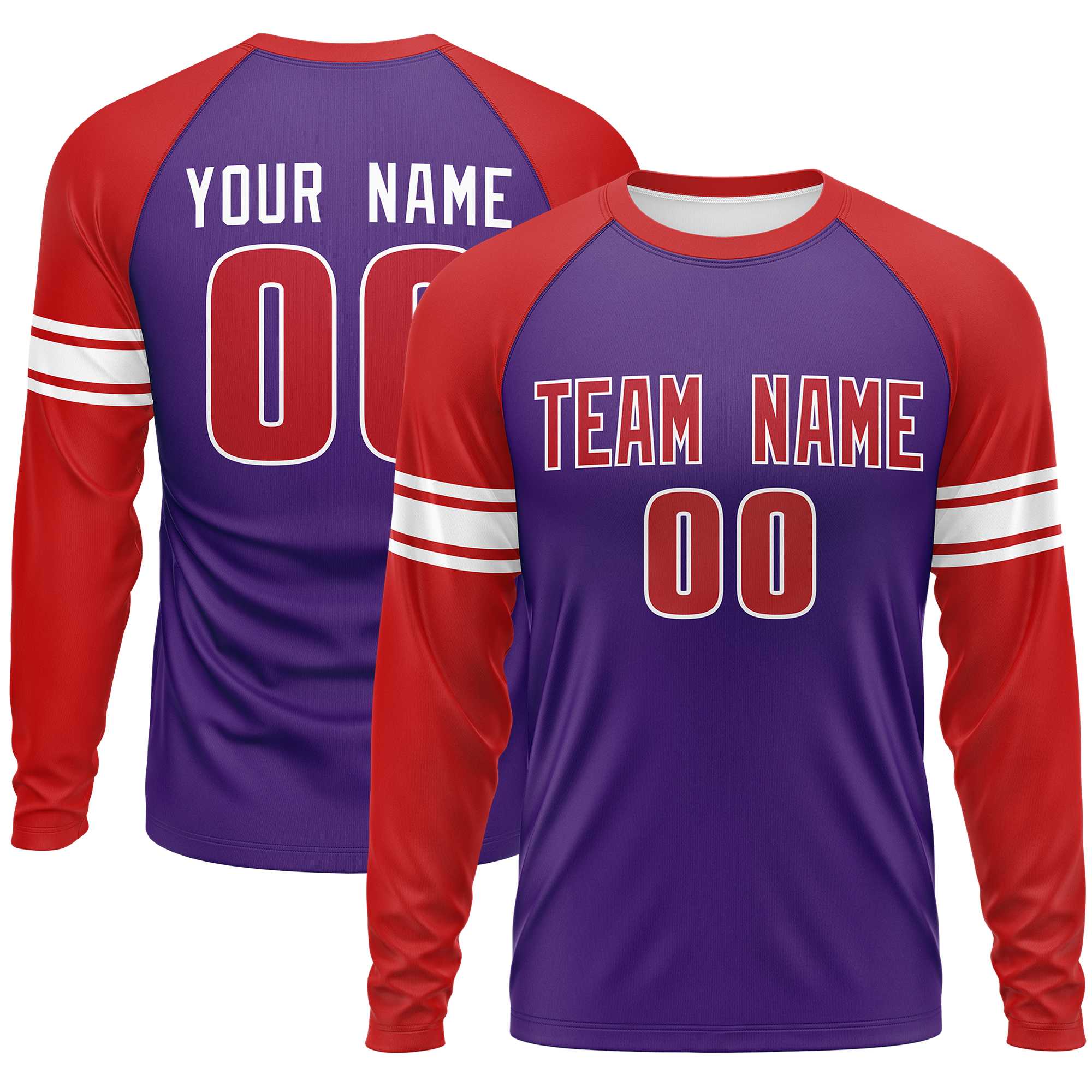 Custom Purple Red White Crew Neck Personalized Raglan Long Sleeve Performance T-shirt