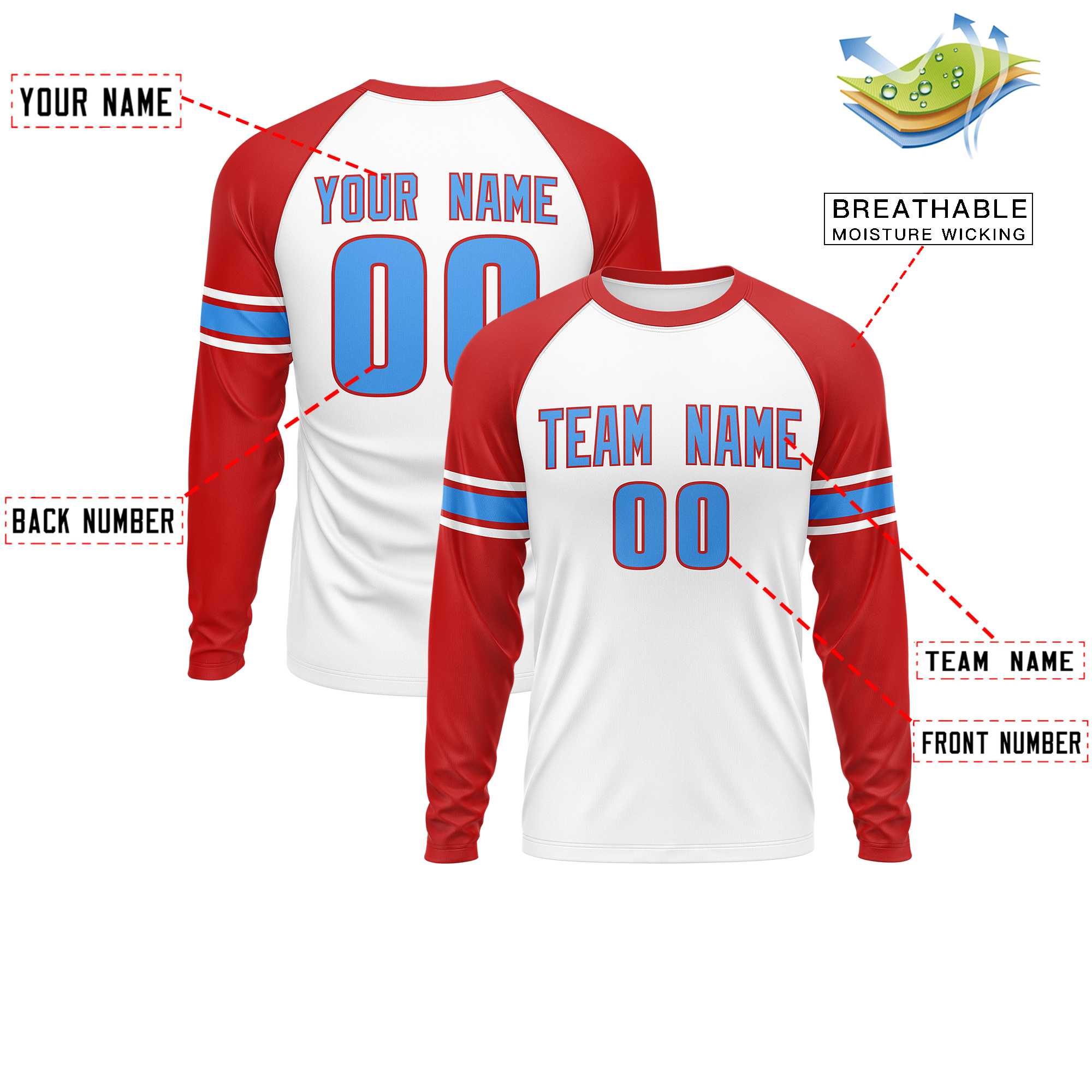 Custom White Red Powder Blue Crew Neck Personalized Raglan Long Sleeve Performance T-shirt