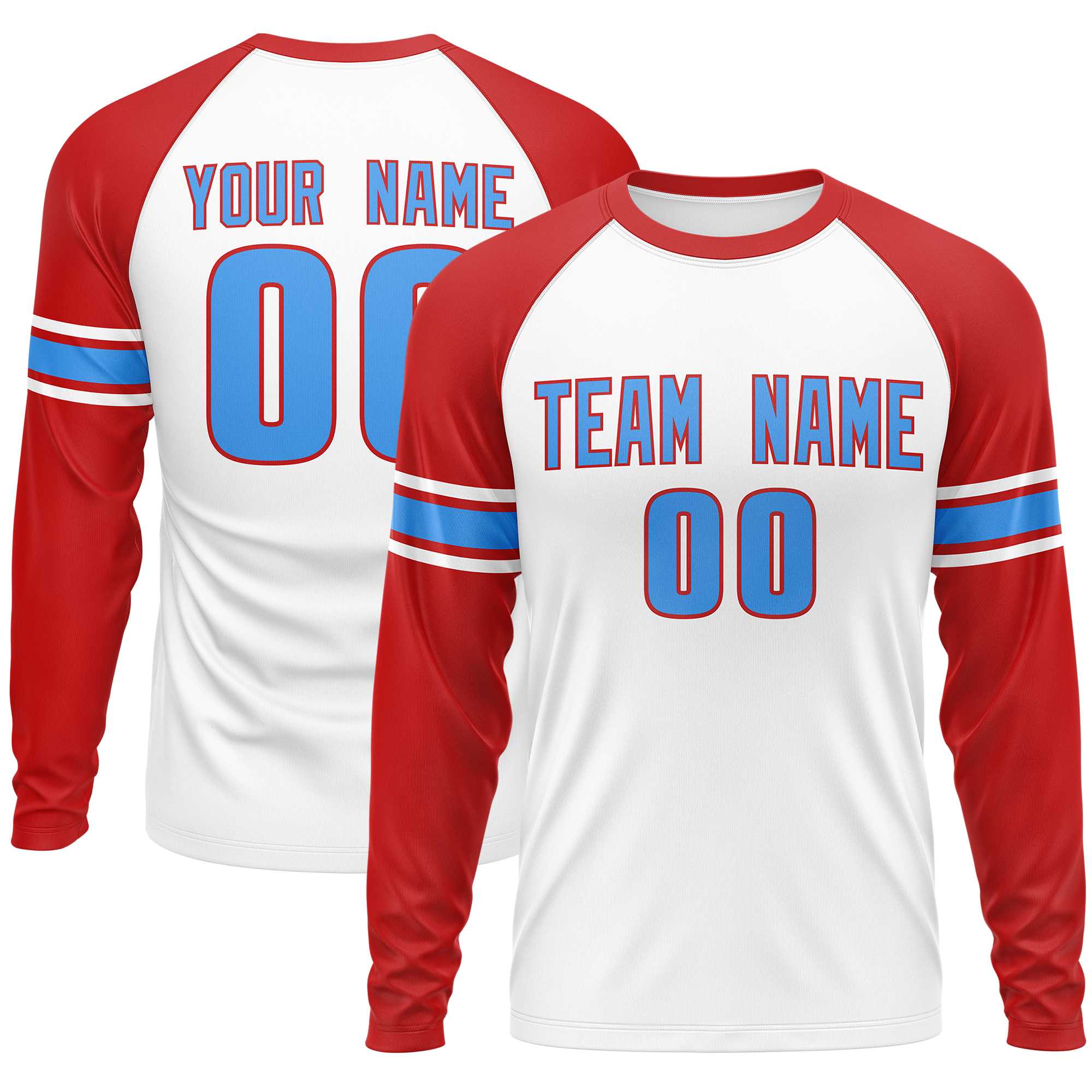 Custom White Red Powder Blue Crew Neck Personalized Raglan Long Sleeve Performance T-shirt