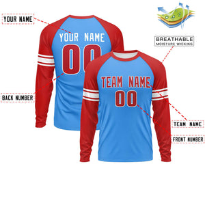 Custom Powder Blue Red White Crew Neck Personalized Raglan Long Sleeve Performance T-shirt