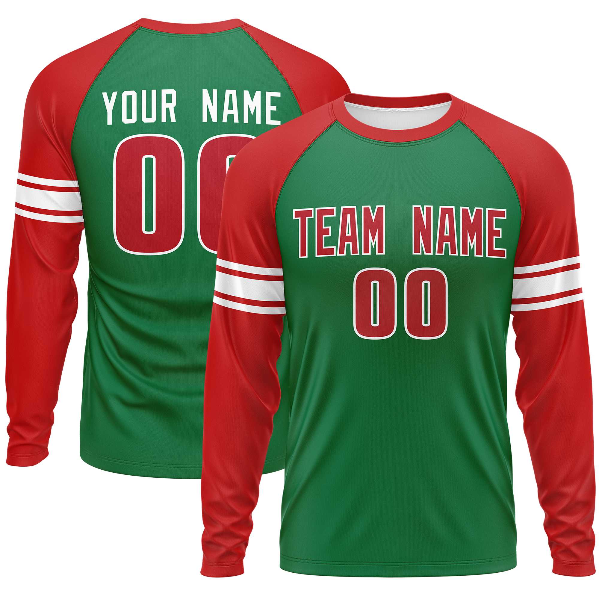 Custom Kelly Green Red White Crew Neck Personalized Raglan Long Sleeve Performance T-shirt