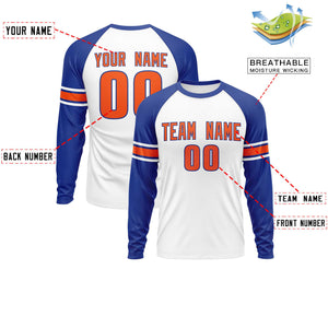 Custom White Royal Orange Crew Neck Personalized Raglan Long Sleeve Performance T-shirt