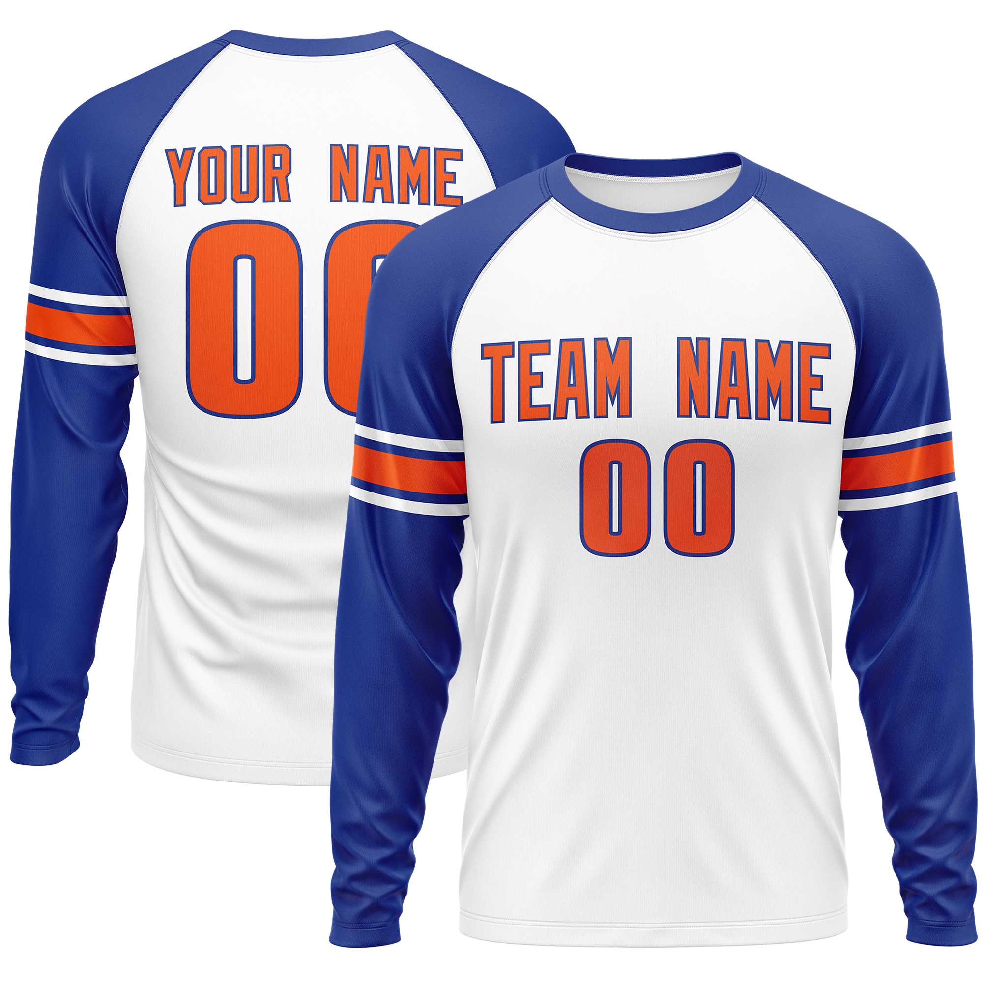 Custom White Royal Orange Crew Neck Personalized Raglan Long Sleeve Performance T-shirt