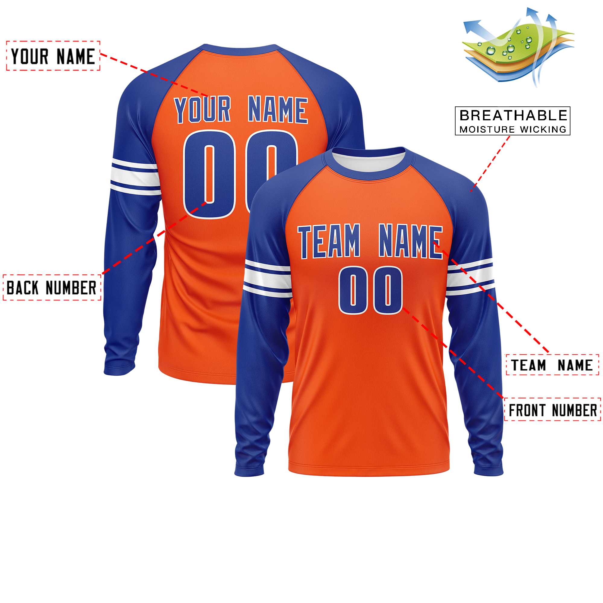 Custom Orange Royal White Crew Neck Personalized Raglan Long Sleeve Performance T-shirt