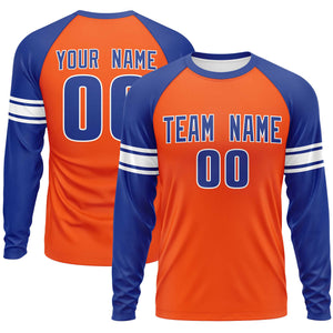 Custom Orange Royal White Crew Neck Personalized Raglan Long Sleeve Performance T-shirt