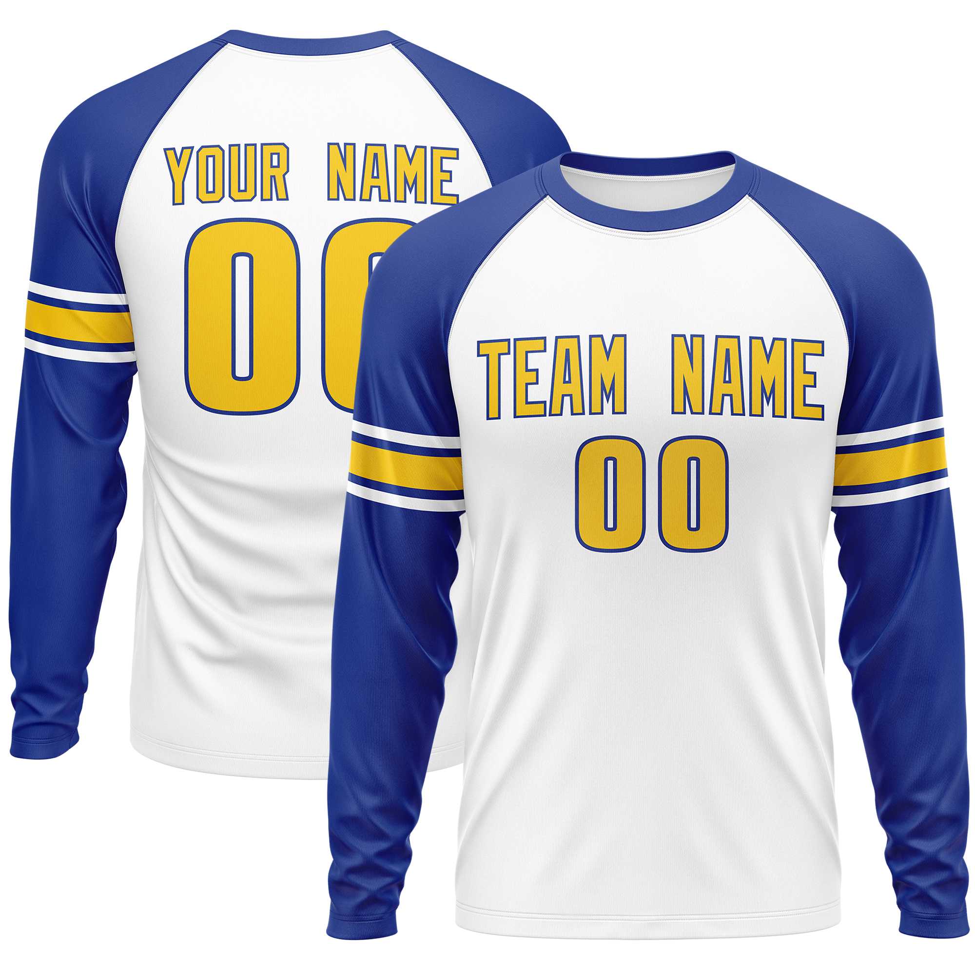 Custom White Royal Gold Crew Neck Personalized Raglan Long Sleeve Performance T-shirt