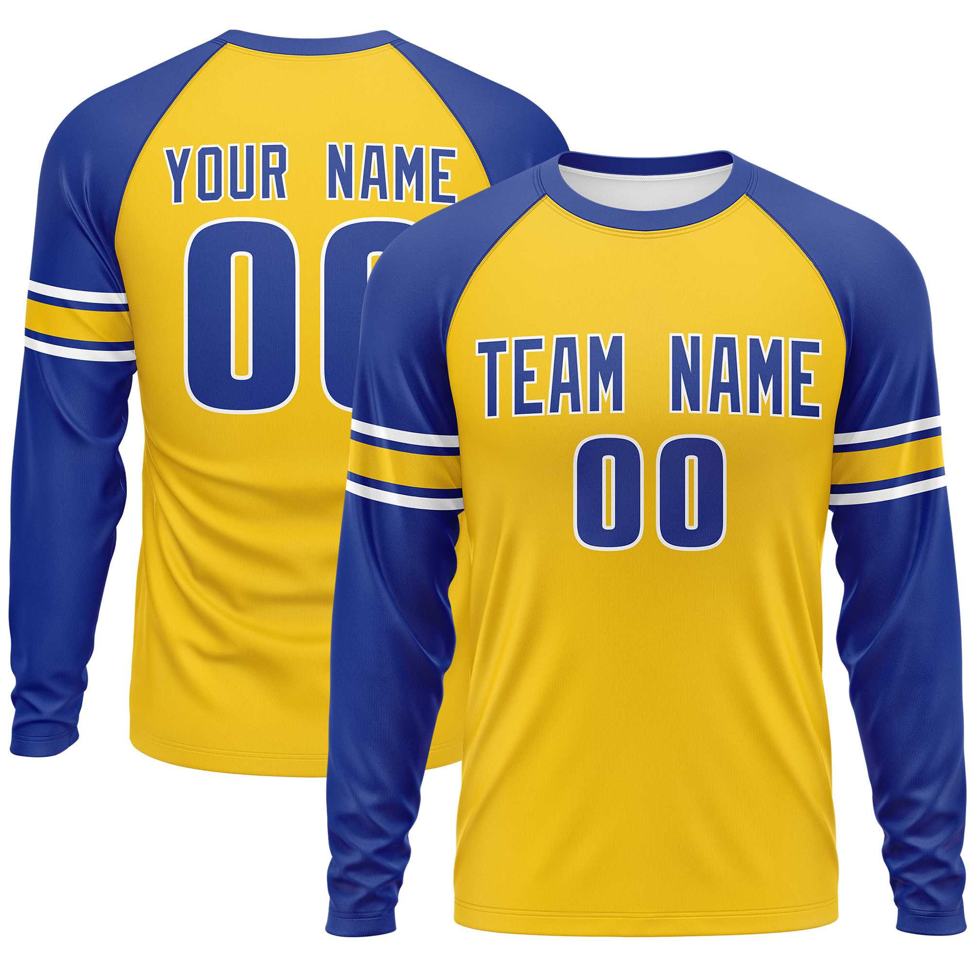 Custom Gold Royal Gold Crew Neck Personalized Raglan Long Sleeve Performance T-shirt