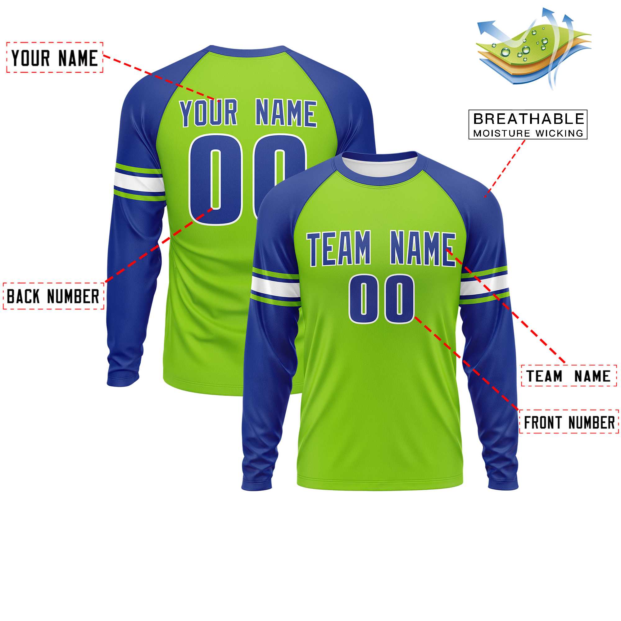 Custom Neon Green Royal White Crew Neck Personalized Raglan Long Sleeve Performance T-shirt