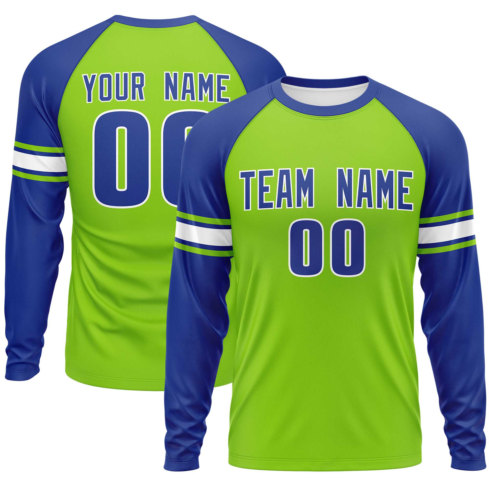 Custom Neon Green Royal White Crew Neck Personalized Raglan Long Sleeve Performance T-shirt