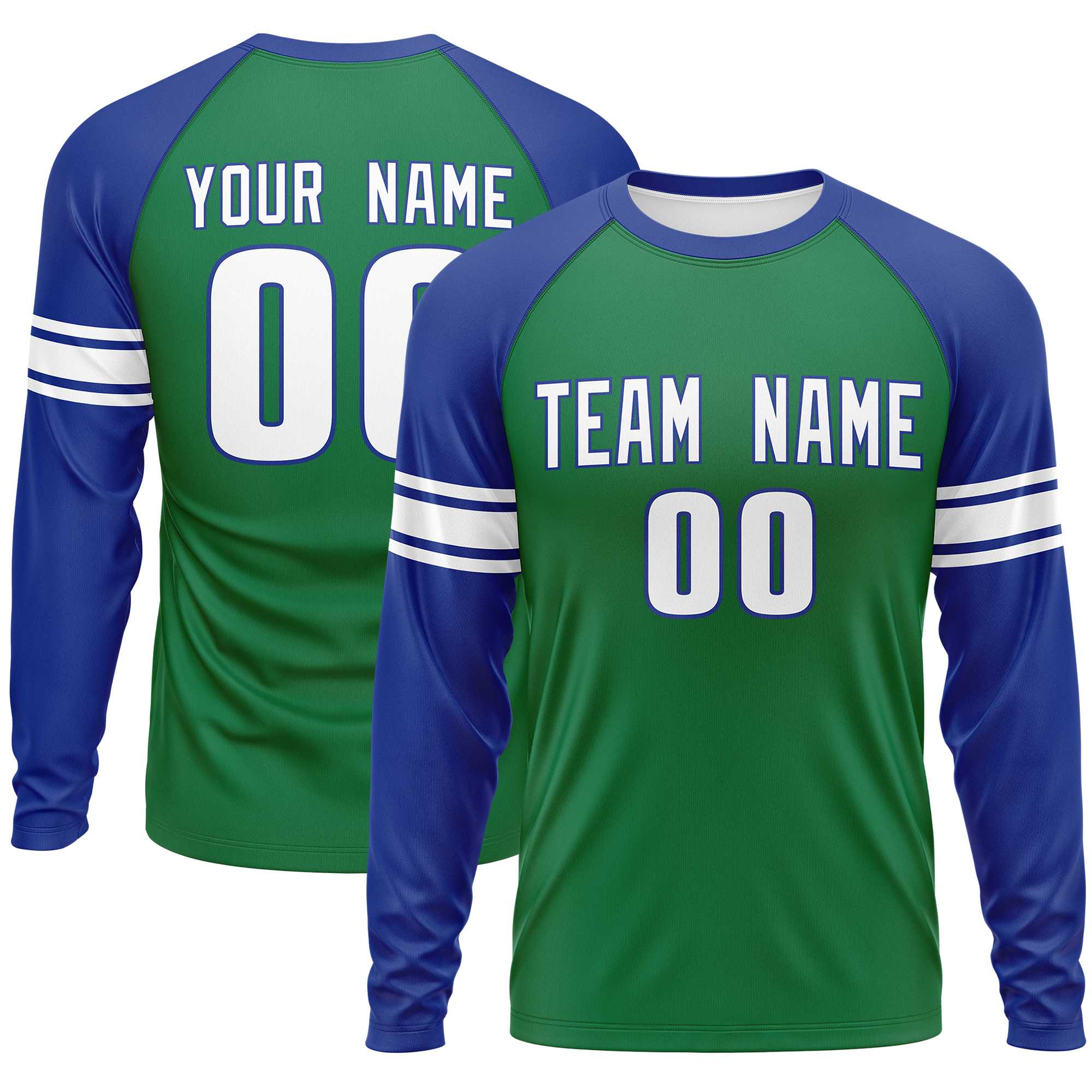 Custom Kelly Green Royal White Crew Neck Personalized Raglan Long Sleeve Performance T-shirt