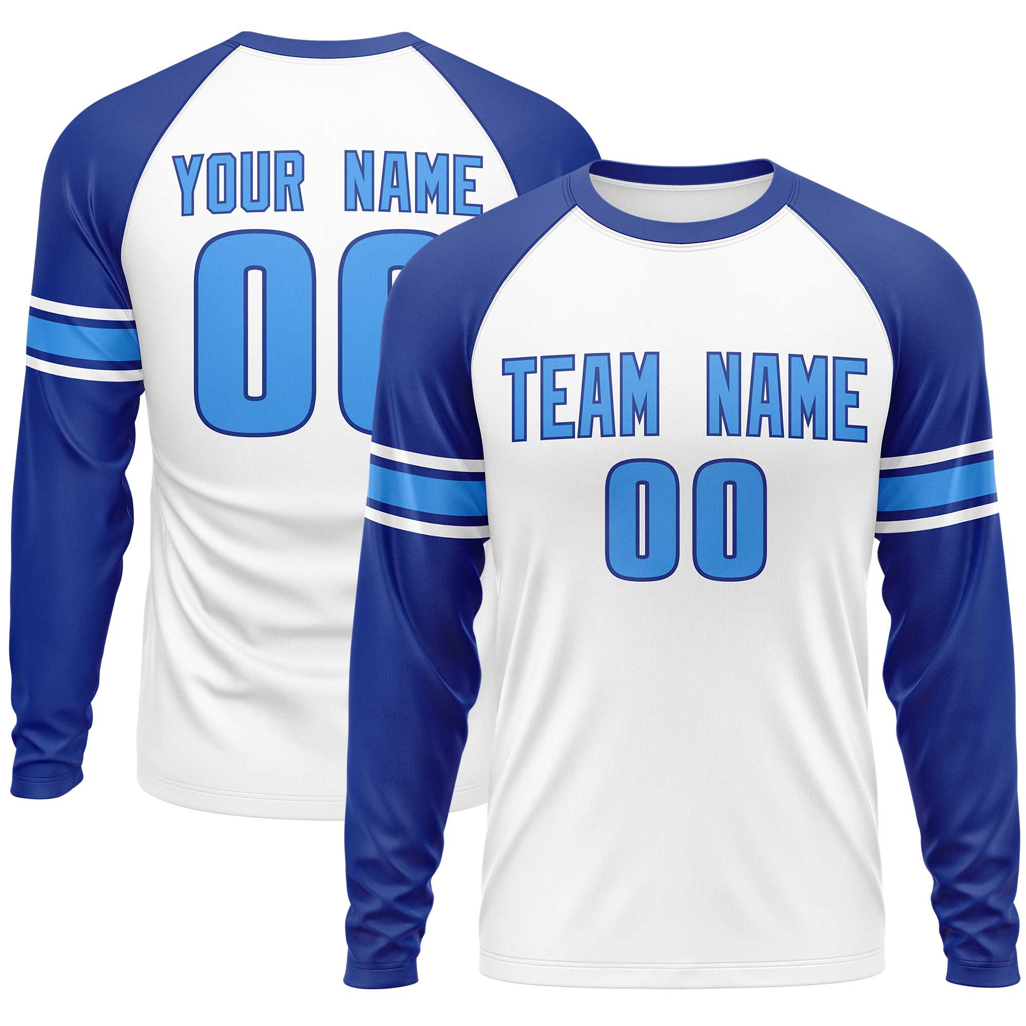 Custom White Royal Powder Blue Crew Neck Personalized Raglan Long Sleeve Performance T-shirt