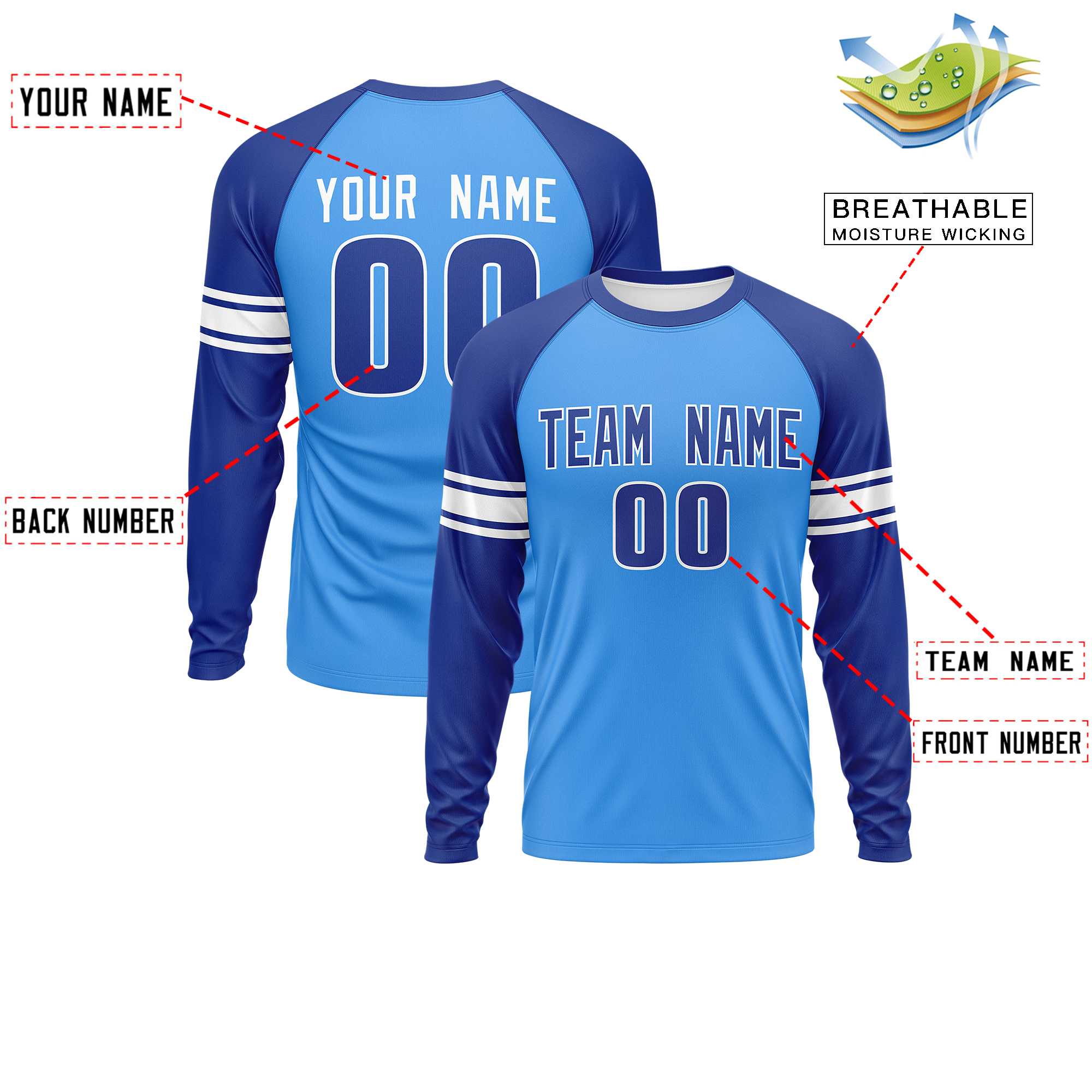 Custom Powder Blue Royal White Crew Neck Personalized Raglan Long Sleeve Performance T-shirt