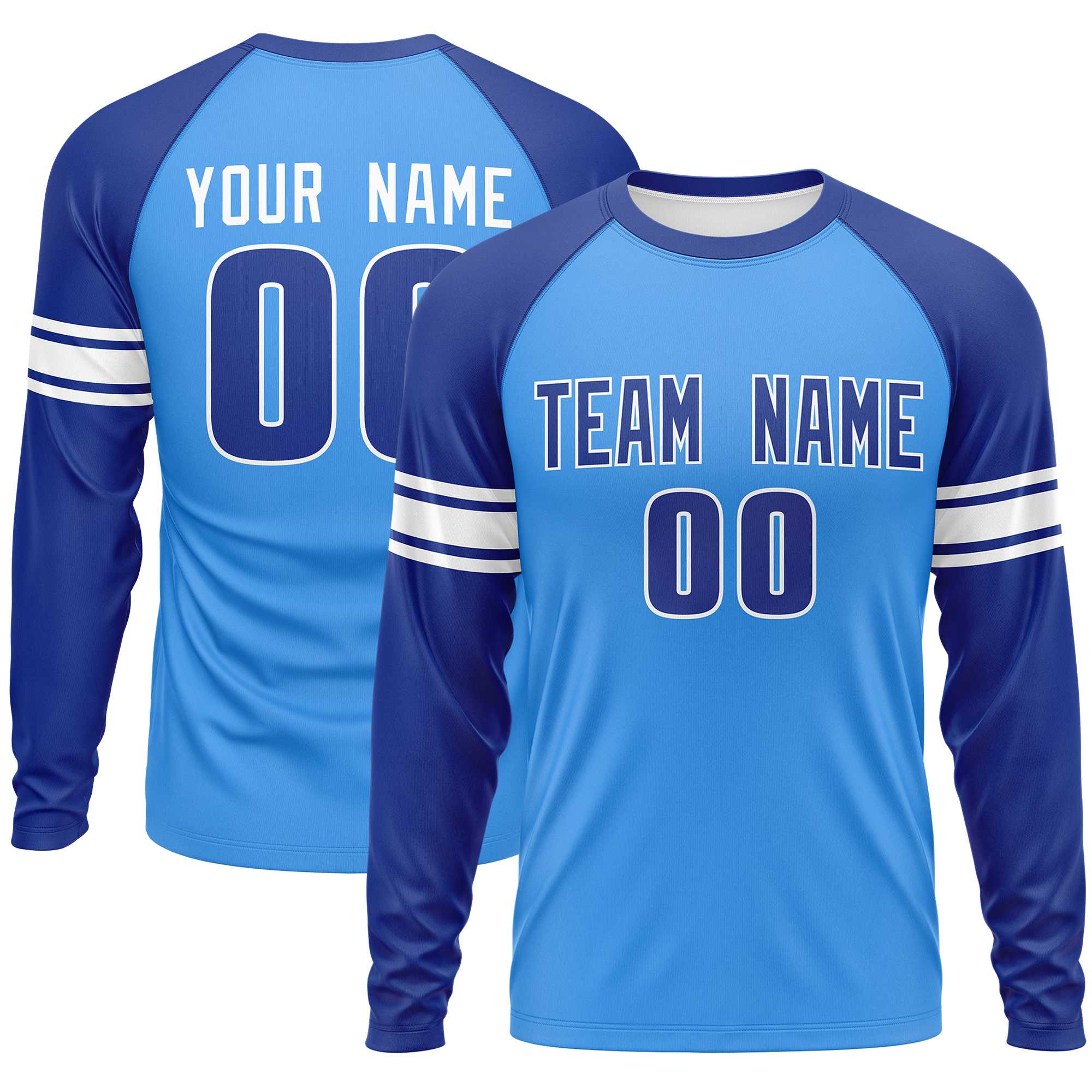 Custom Powder Blue Royal White Crew Neck Personalized Raglan Long Sleeve Performance T-shirt