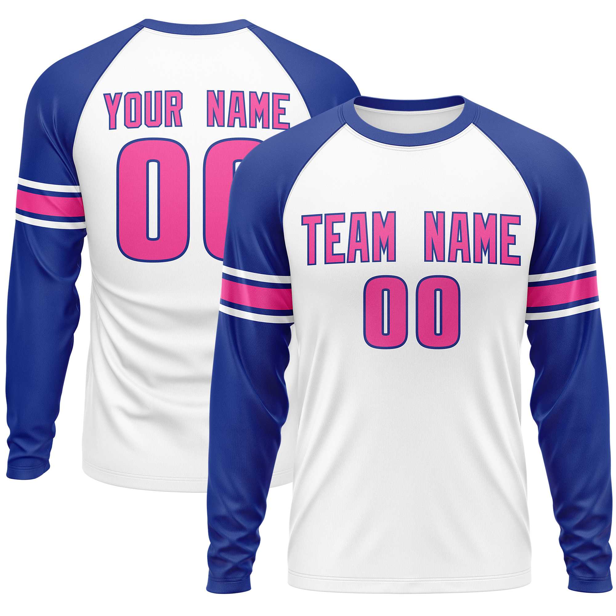 Custom White Royal Pink Crew Neck Personalized Raglan Long Sleeve Performance T-shirt