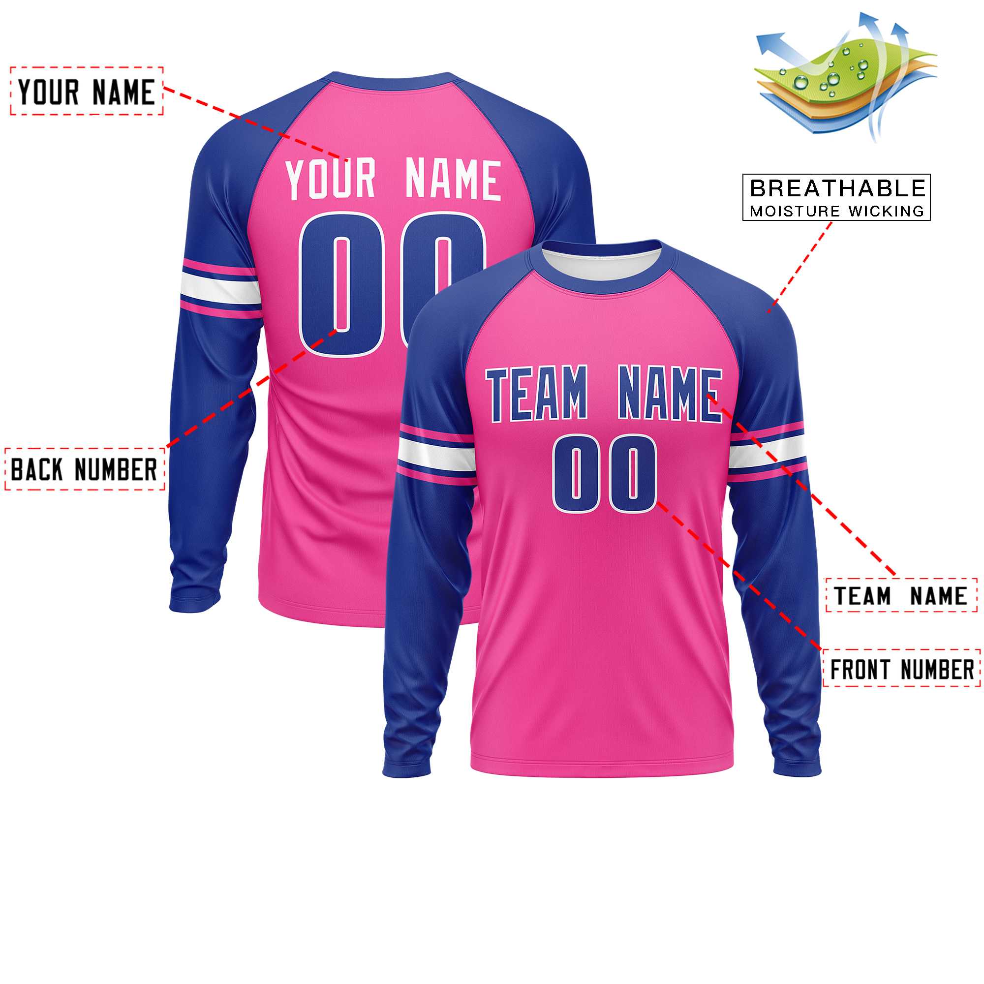 Custom Pink Royal White Crew Neck Personalized Raglan Long Sleeve Performance T-shirt