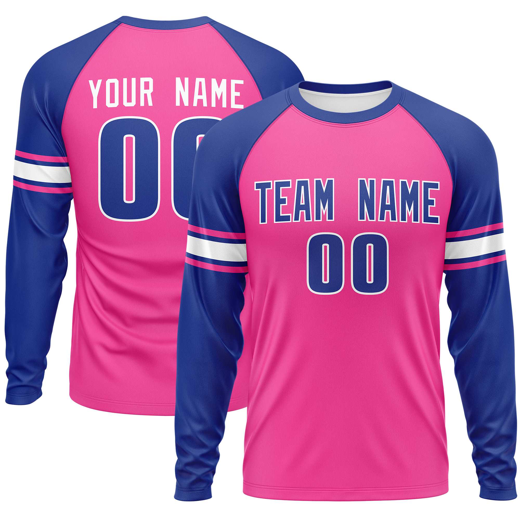 Custom Pink Royal White Crew Neck Personalized Raglan Long Sleeve Performance T-shirt