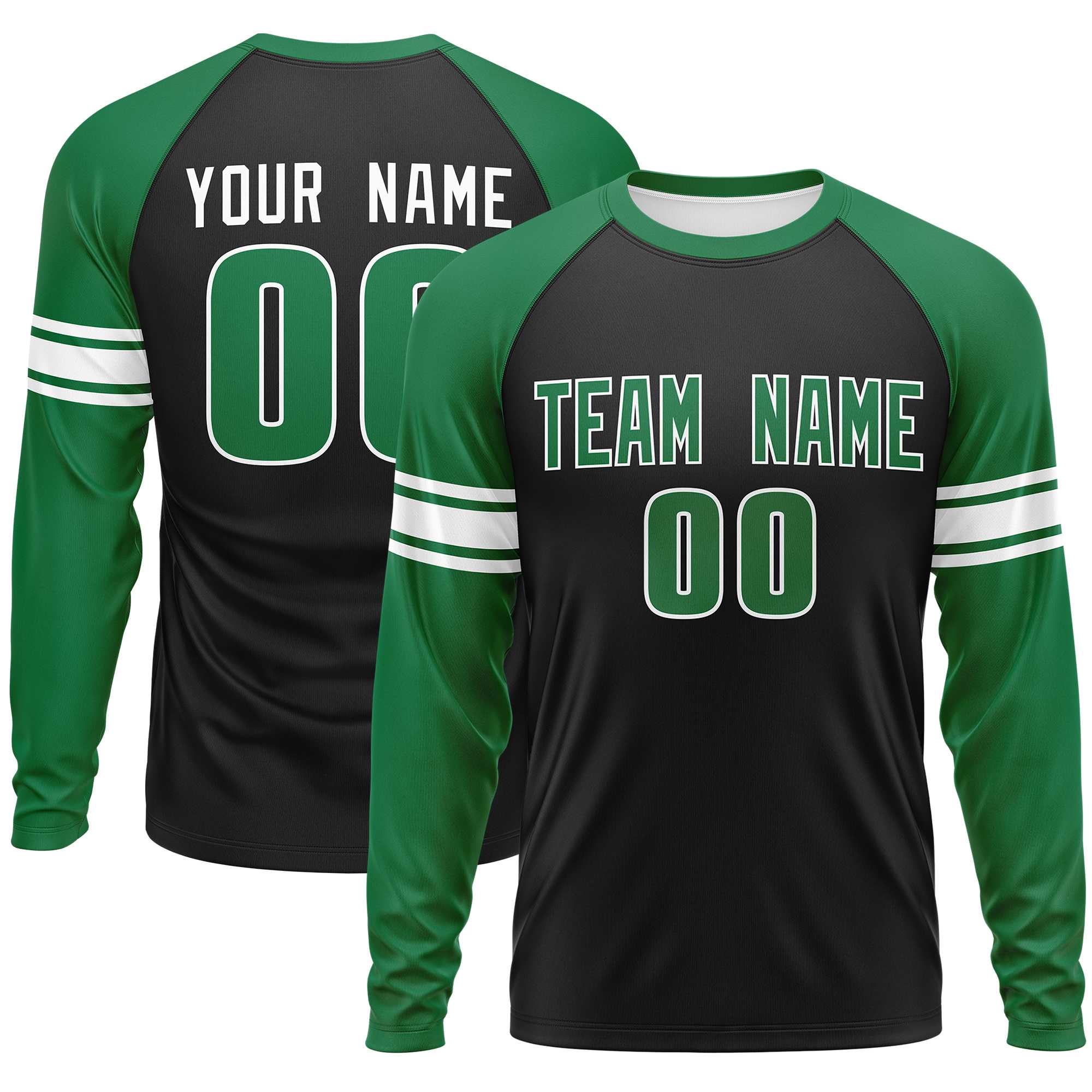 Custom Black Kelly Green White Crew Neck Personalized Raglan Long Sleeve Performance T-shirt