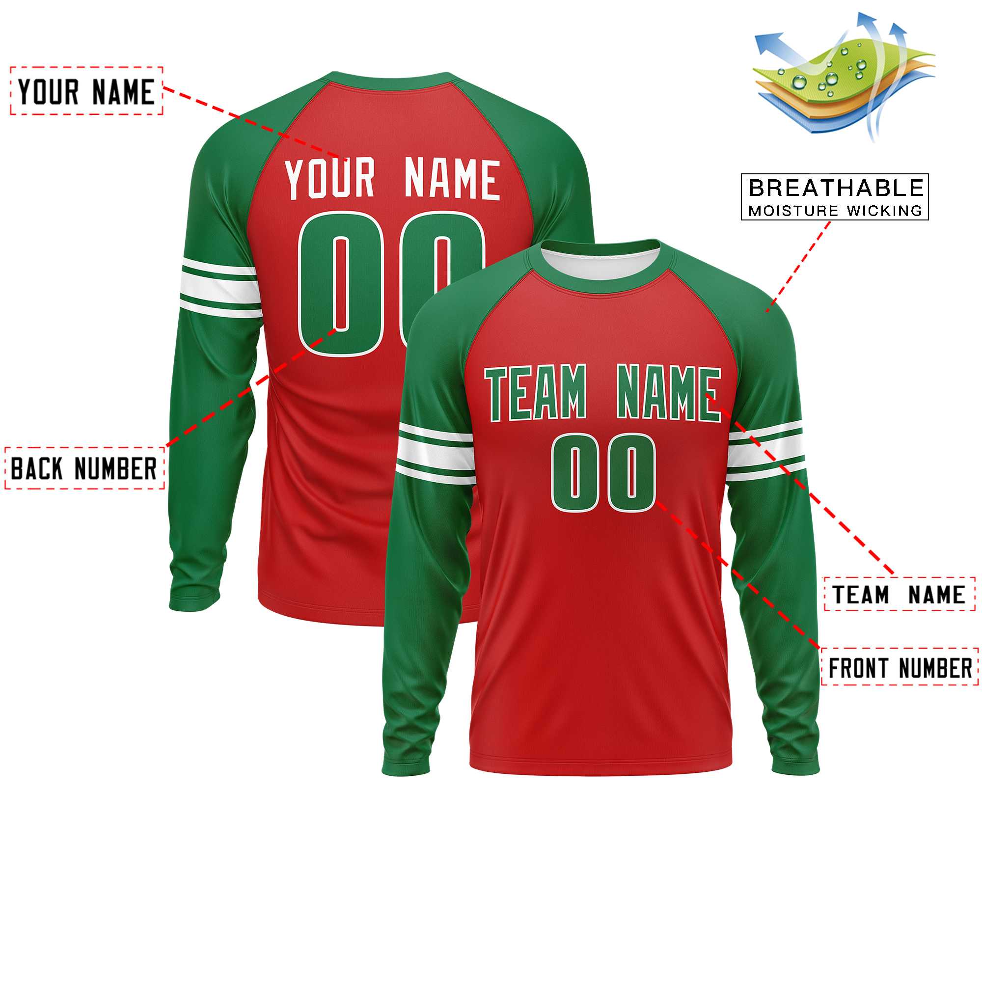 Custom Red Kelly Green White Crew Neck Personalized Raglan Long Sleeve Performance T-shirt