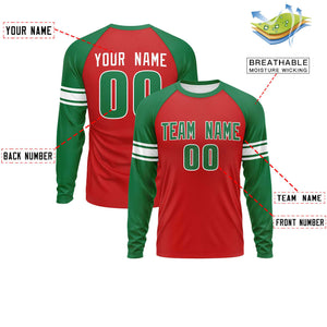 Custom Red Kelly Green White Crew Neck Personalized Raglan Long Sleeve Performance T-shirt