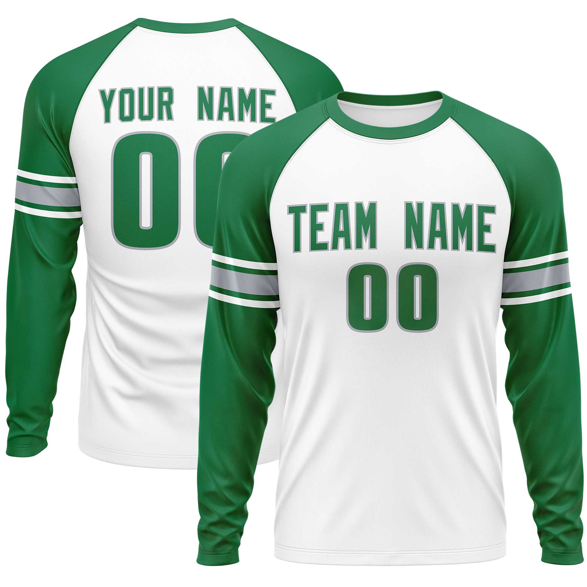 Custom White Kelly Green Gray Crew Neck Personalized Raglan Long Sleeve Performance T-shirt