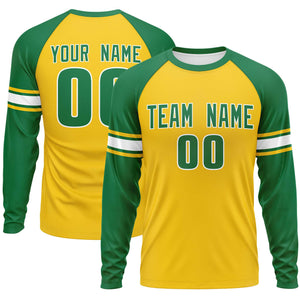 Custom Gold Kelly Green White Crew Neck Personalized Raglan Long Sleeve Performance T-shirt