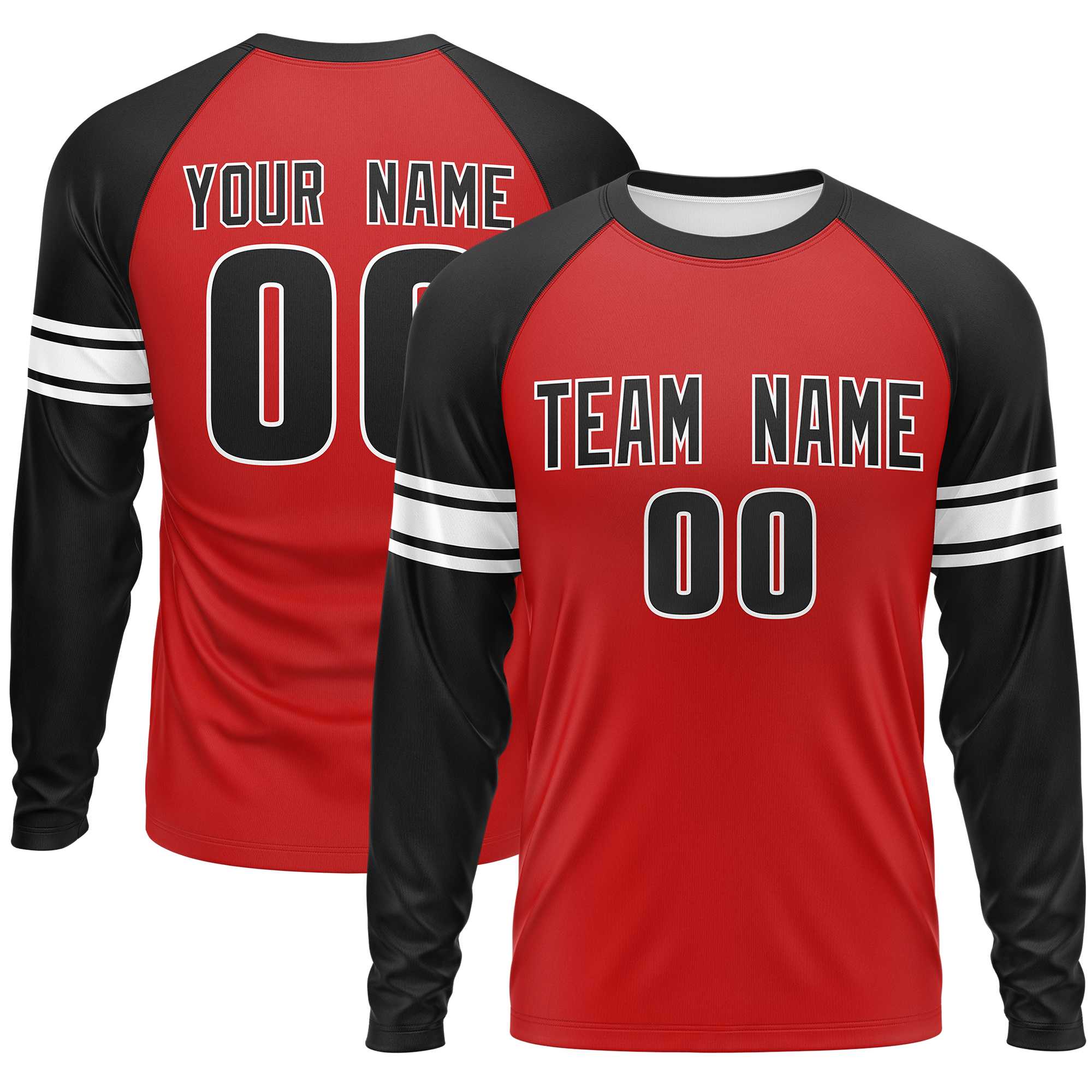 Custom Red Black White Crew Neck Personalized Raglan Long Sleeve Performance T-shirt