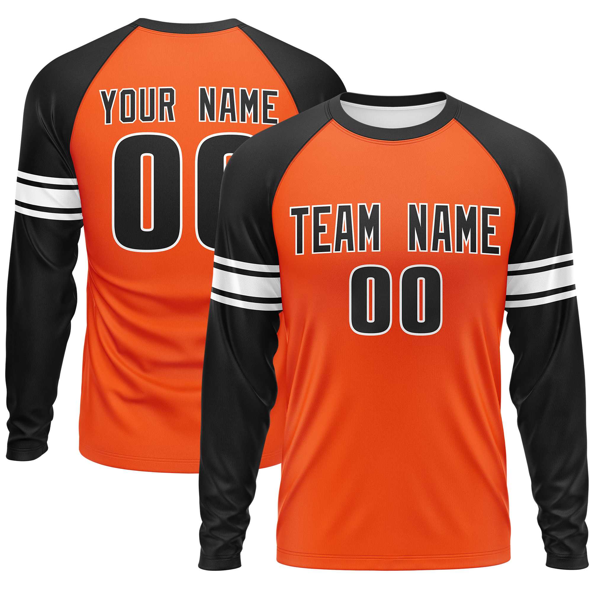 Custom Orange Black White Crew Neck Personalized Raglan Long Sleeve Performance T-shirt