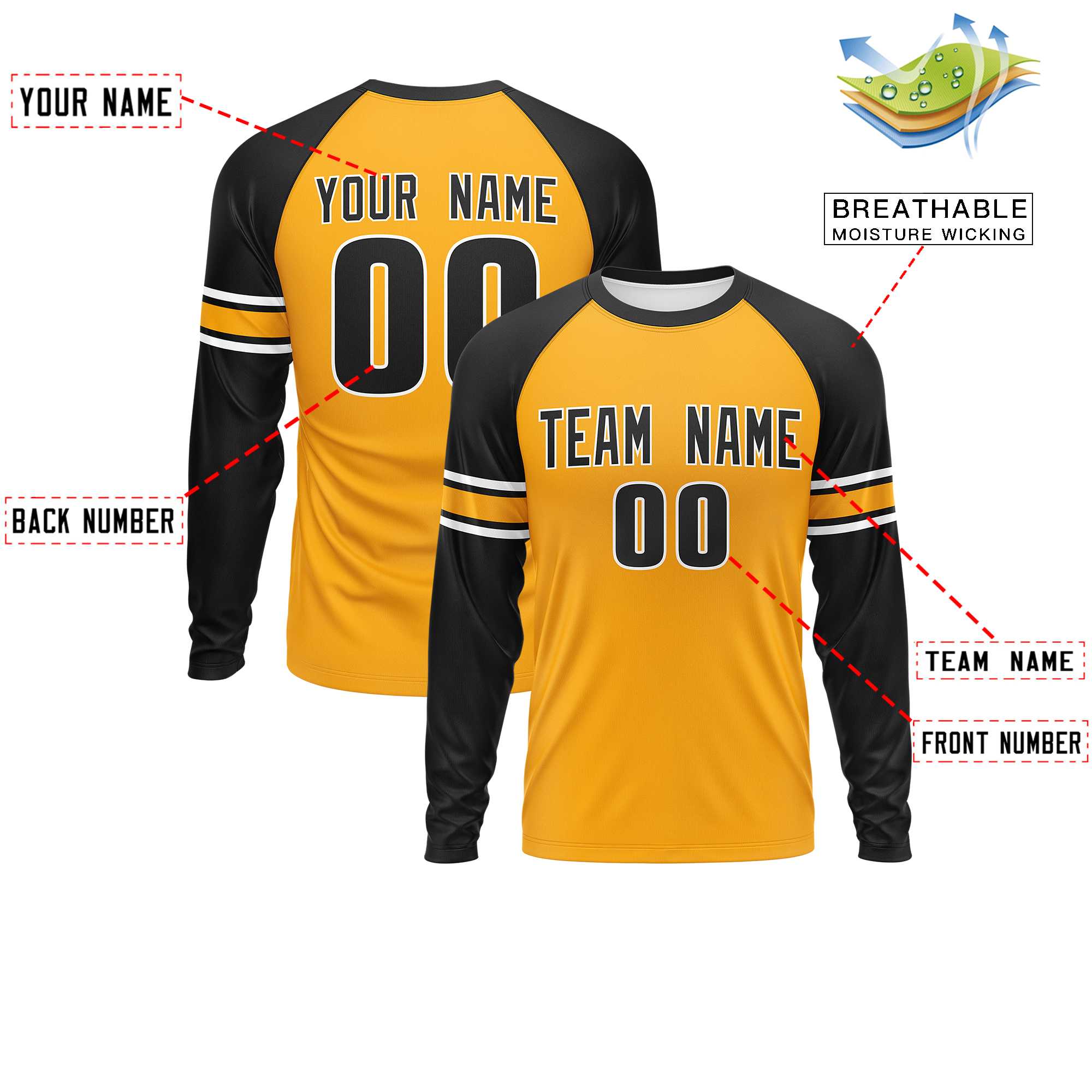 Custom Yellow Black Yellow Crew Neck Personalized Raglan Long Sleeve Performance T-shirt